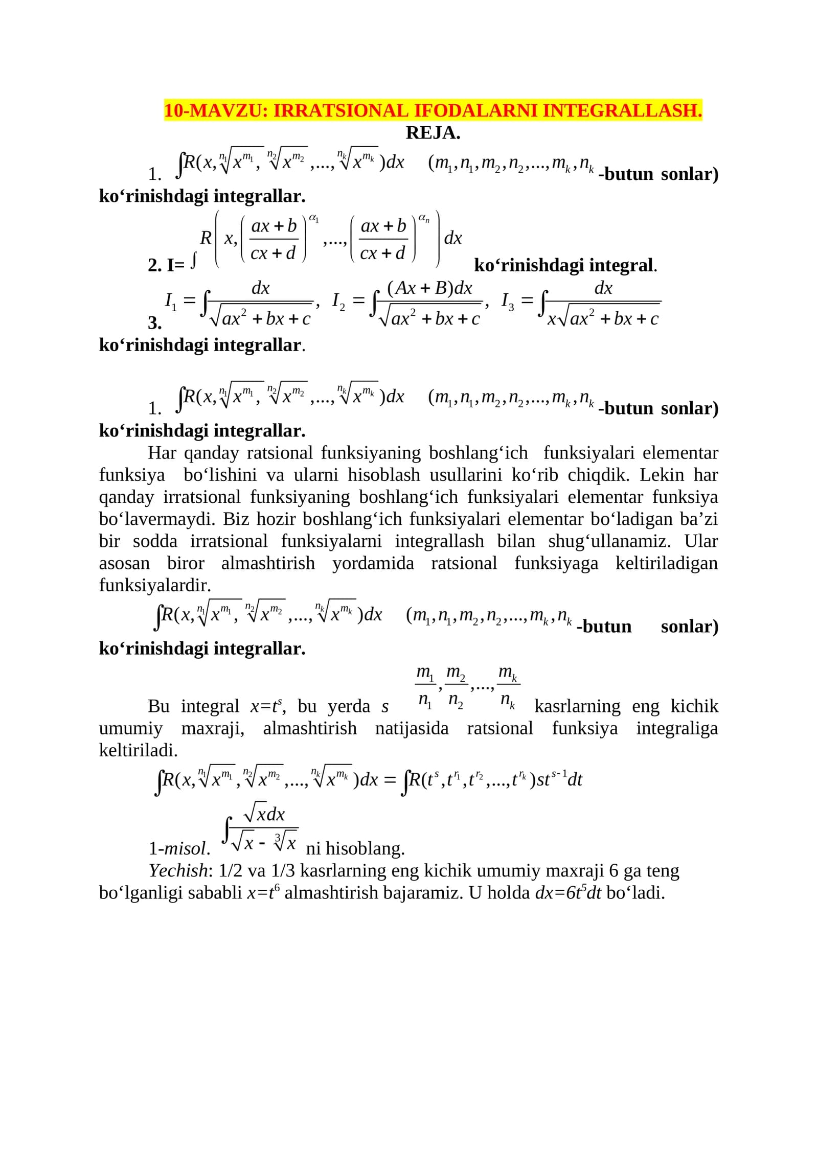 IRRATSIONAL IFODALARNI INTEGRALLASH