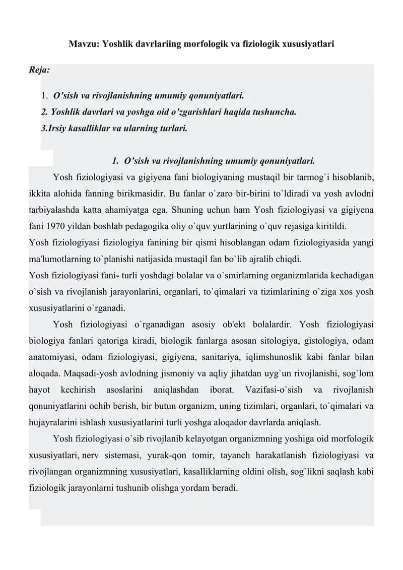 Yoshlik davrlariing morfologik va fiziologik xususiyatlari