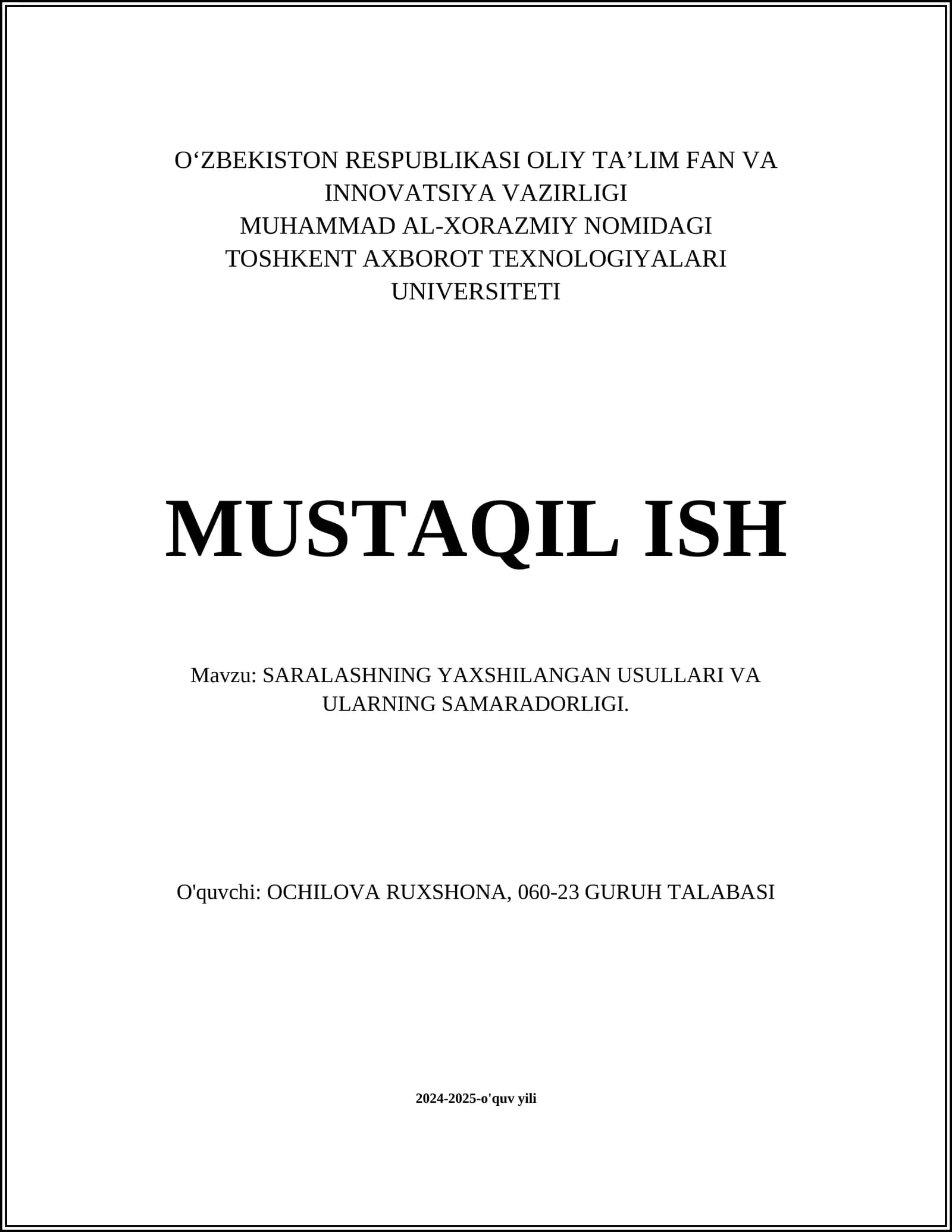 SARALASHNING YAXSHILANGAN USULLARI VA ULARNING SAMARADORLIGI