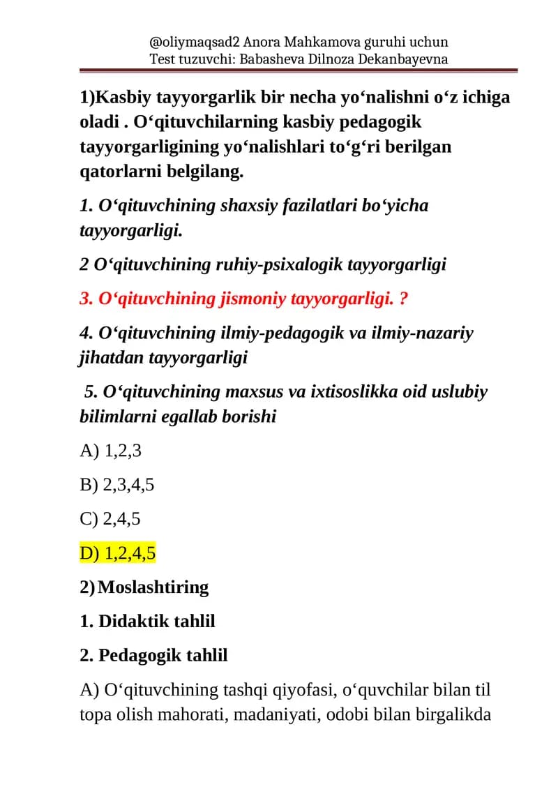 Test tuzuvchi: Babasheva Dilnoza Dekanbayevna