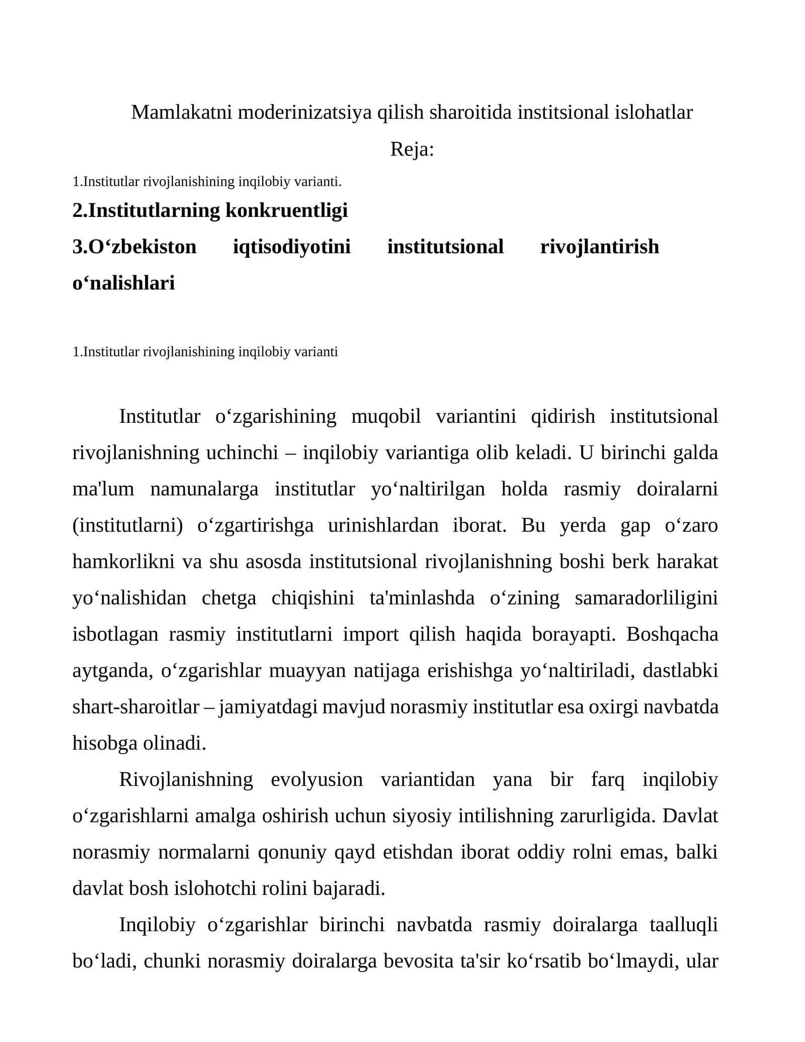 Mamlakatni moderinizatsiya qilish sharoitida institsional islohatlar