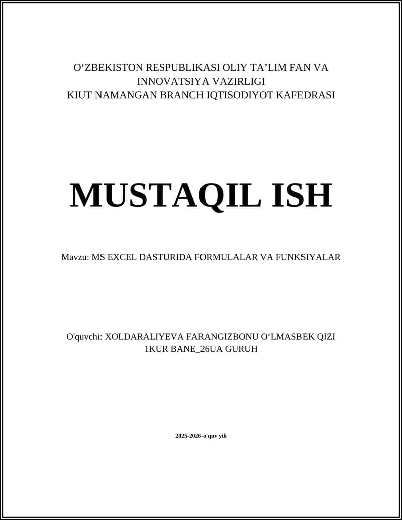MS EXCEL DASTURIDA FORMULALAR VA FUNKSIYALAR