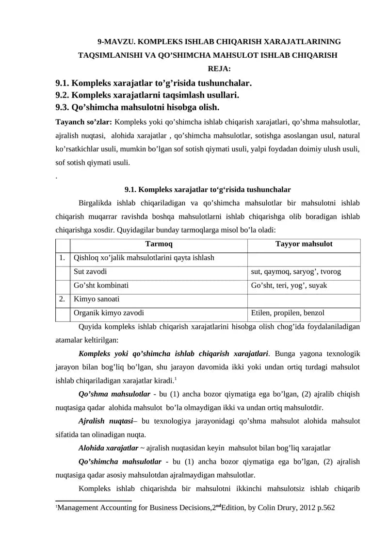 KOMPLEKS ISHLAB CHIQARISH XARAJATLARINING TAQSIMLANISHI VA QO’SHIMCHA MAHSULOT ISHLAB CHIQARISH