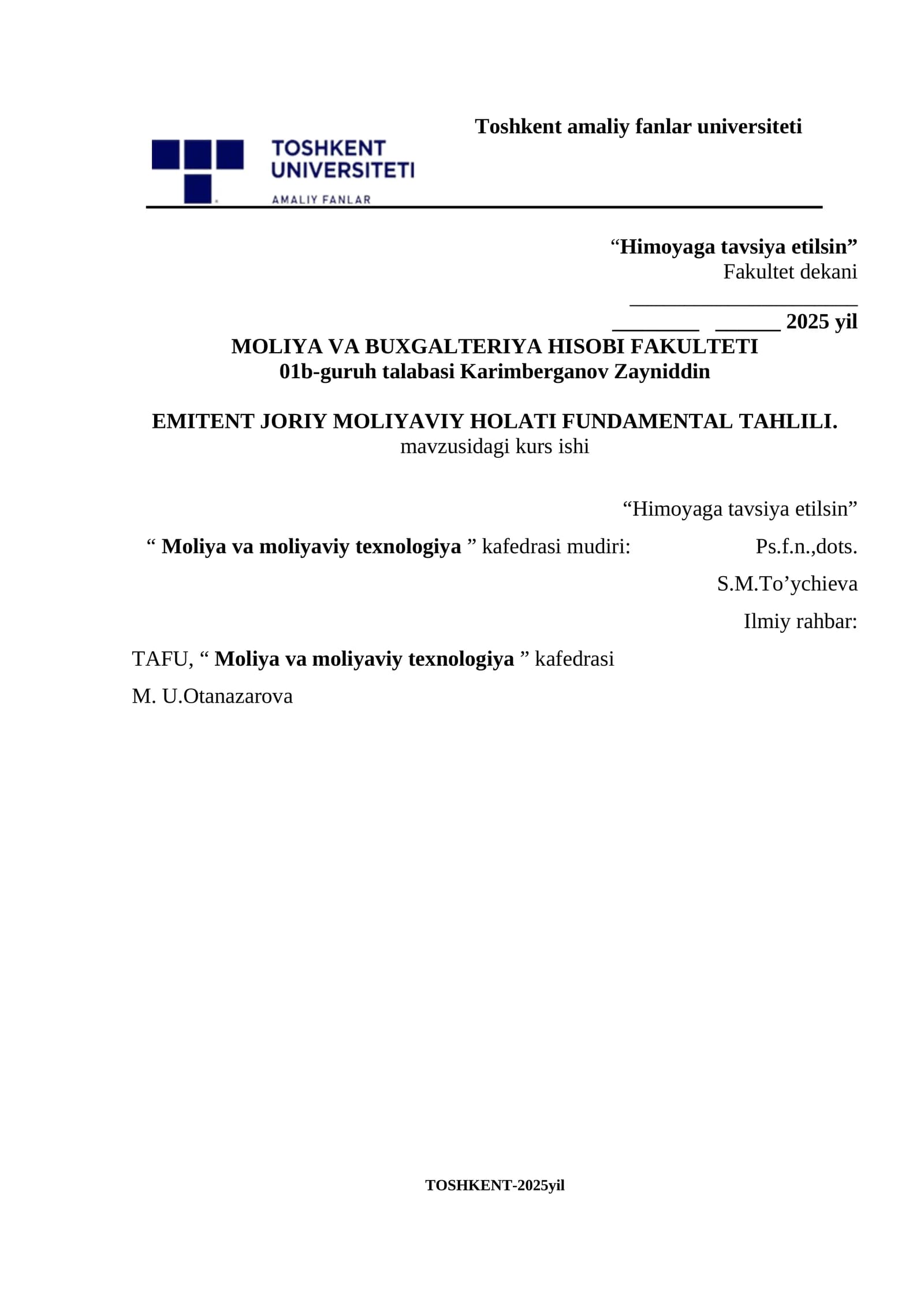 MOLIYA VA BUXGALTERIYA HISOBI FAKULTETI