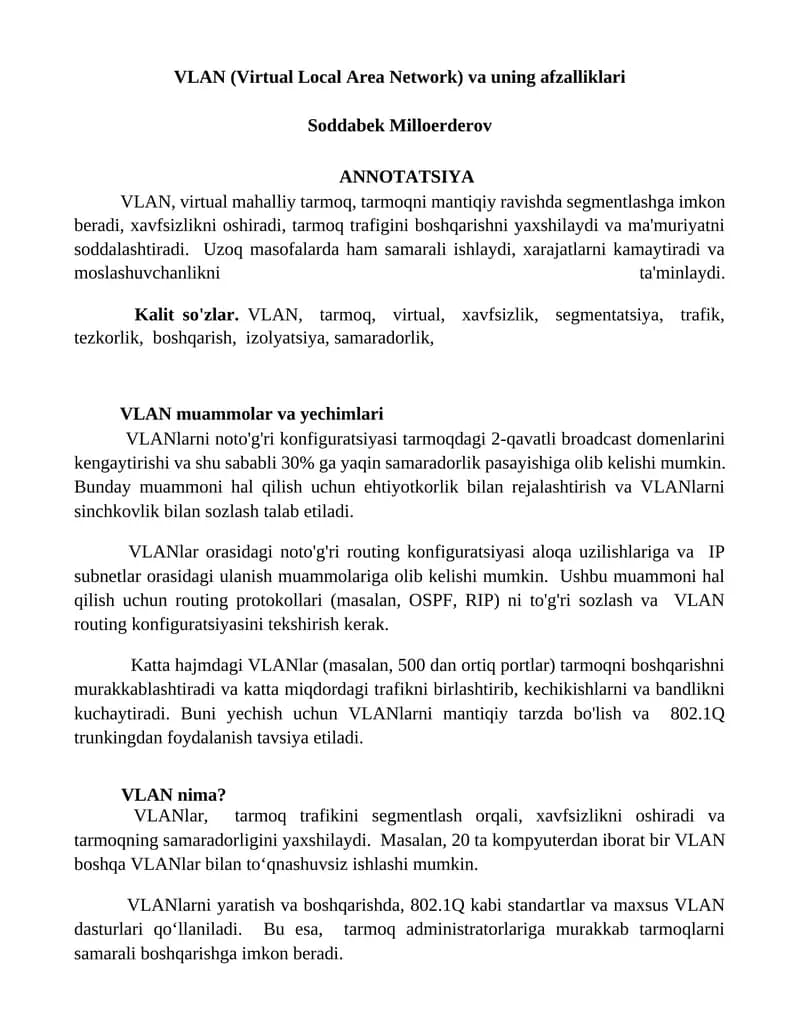 VLAN (Virtual Local Area Network) va uning afzalliklari