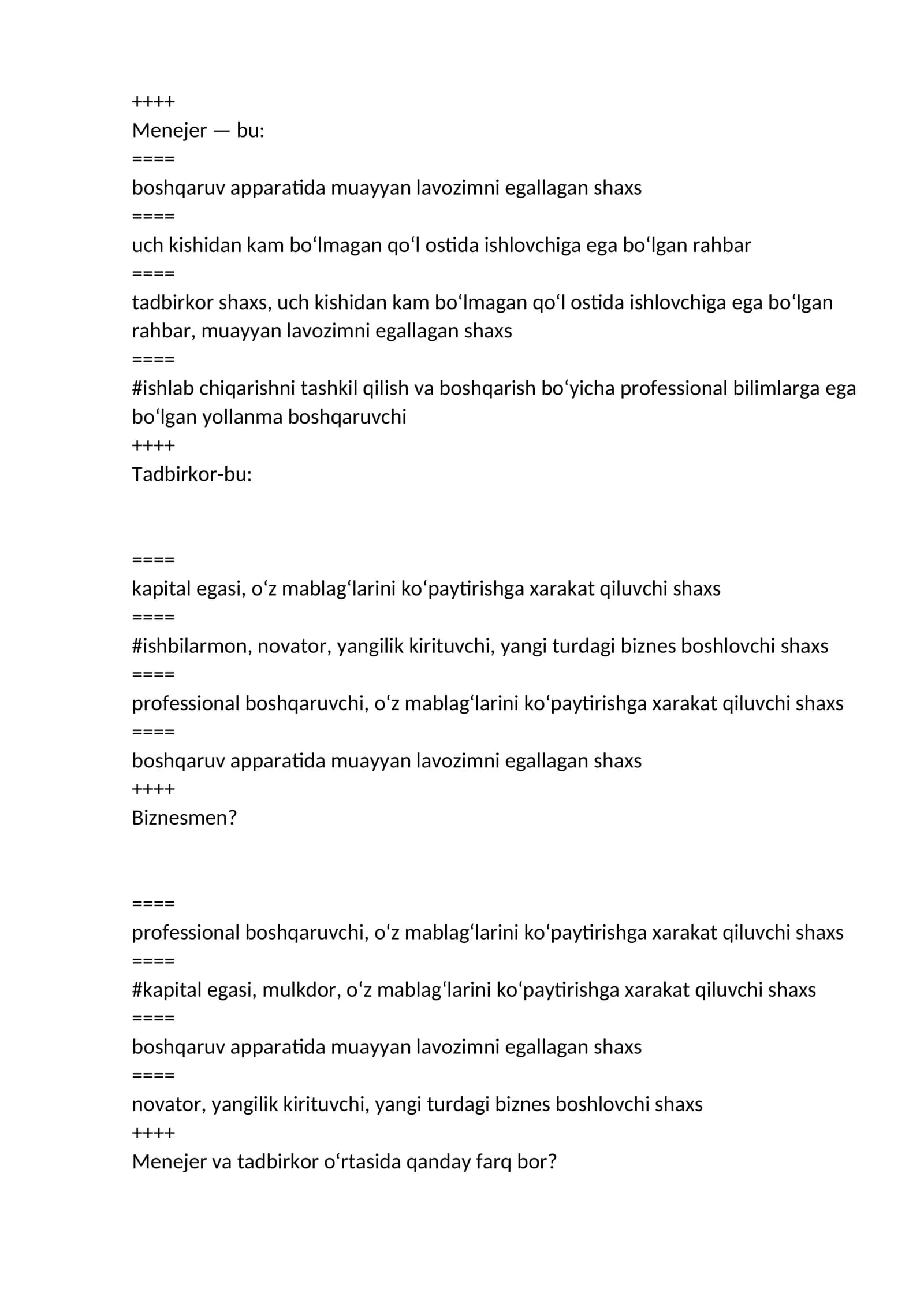 biznesda boshqaruv hisobi fanidan yakuniy savollari testlari