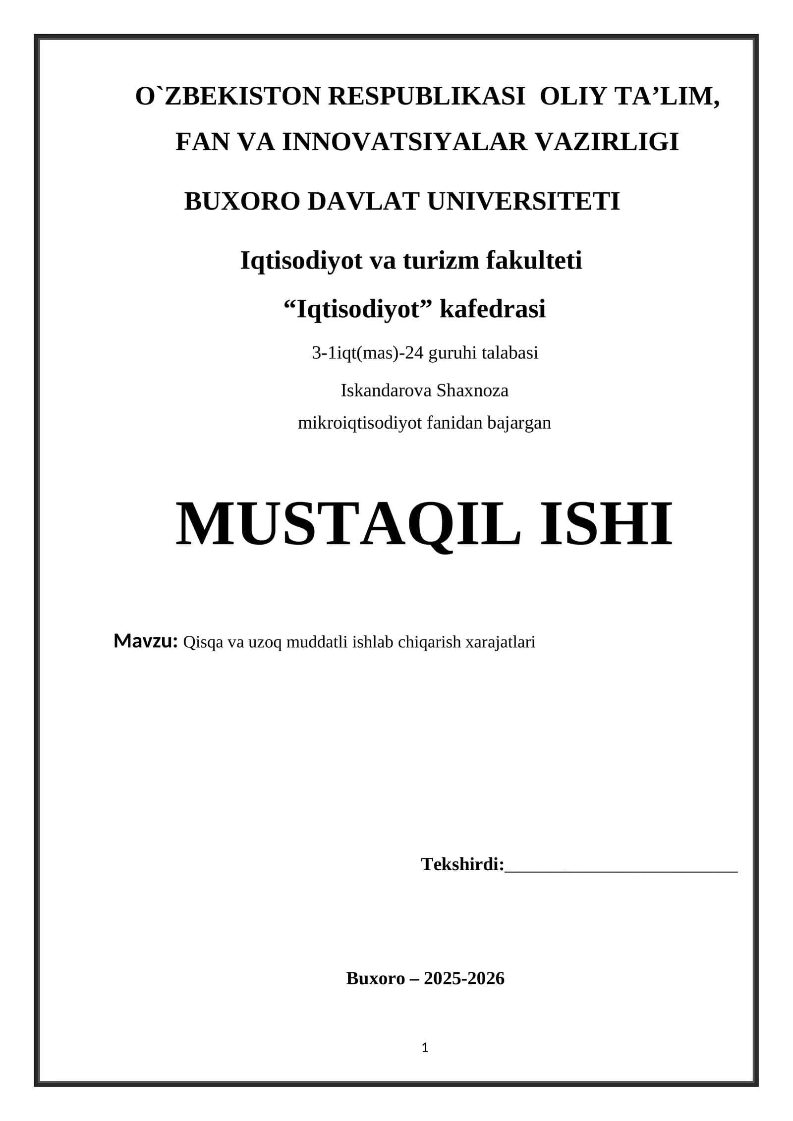 Qisqa va uzoq muddatli ishlab chiqarish xarajatlari