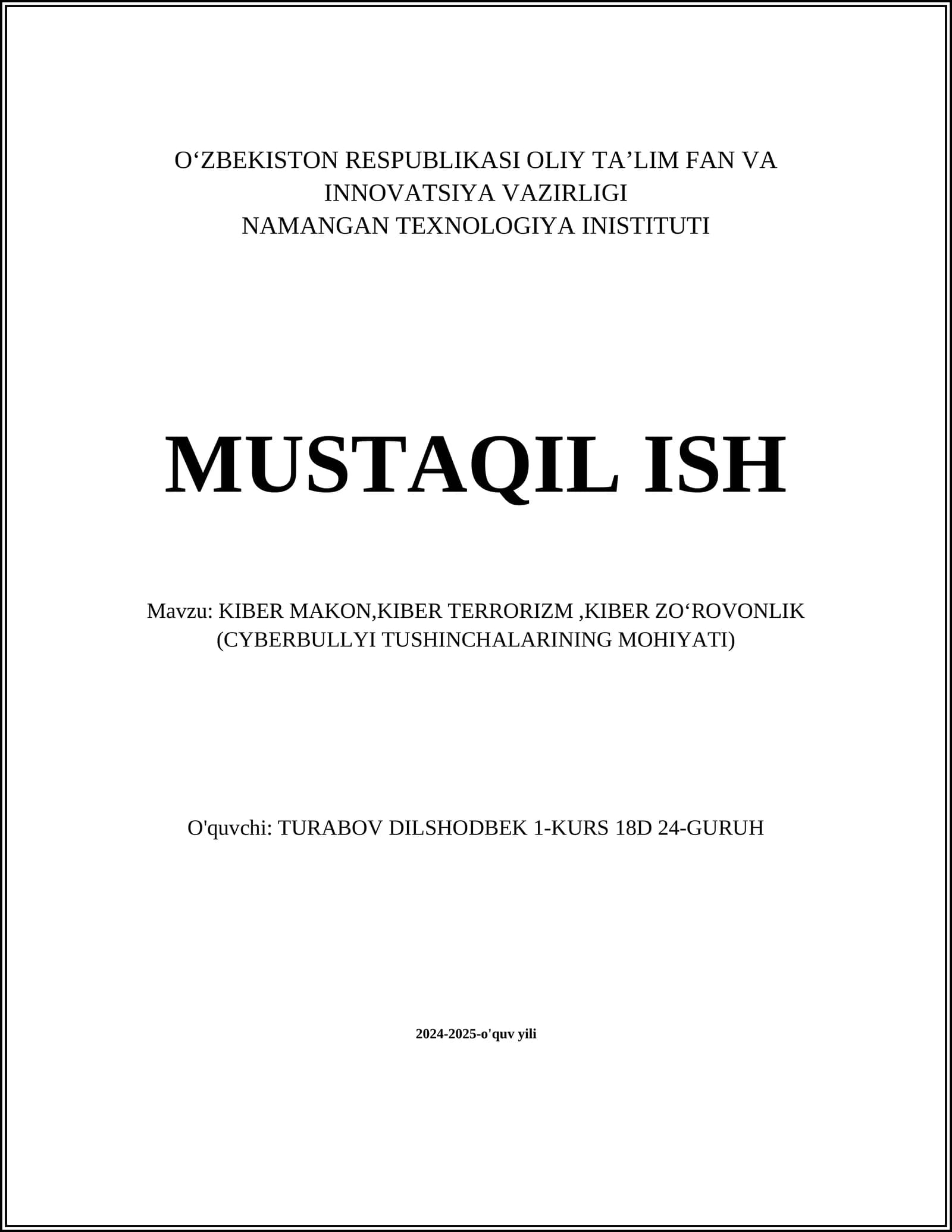 KIBER MAKON,KIBER TERRORIZM,KIBER ZOʻROVONLIK (CYBERBULLYI TUSHINCHALARINING MOHIYATI)