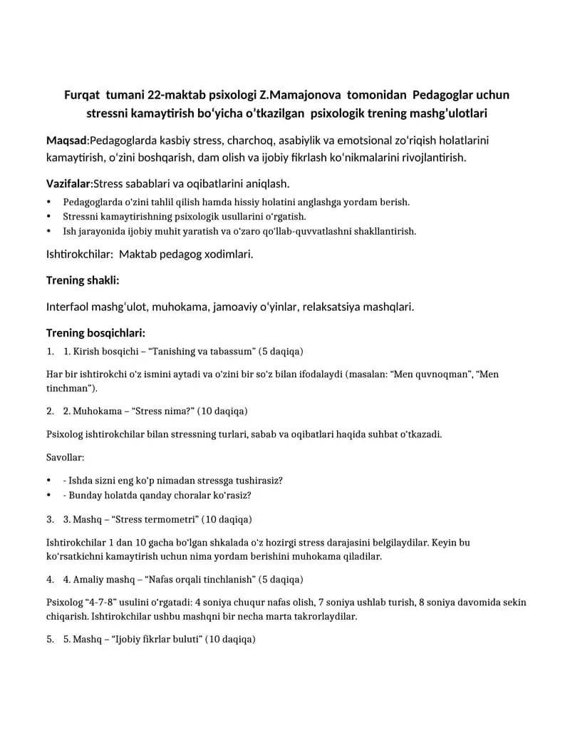 Pedagoglarda Stressni oldini olish