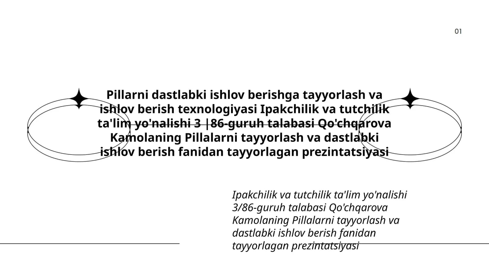 Pillarni dastlabki ishlov berishga tayyorlash va ishlov berish texnologiyasi Ipakchilik va tutchilik ta'lim yo'nalishi 3 |86-guruh talabasi Qo'chqarova Kamolaning Pillalarni tayyorlash va dastlabki ishlov berish fanidan tayyorlagan prezintatsiyasi