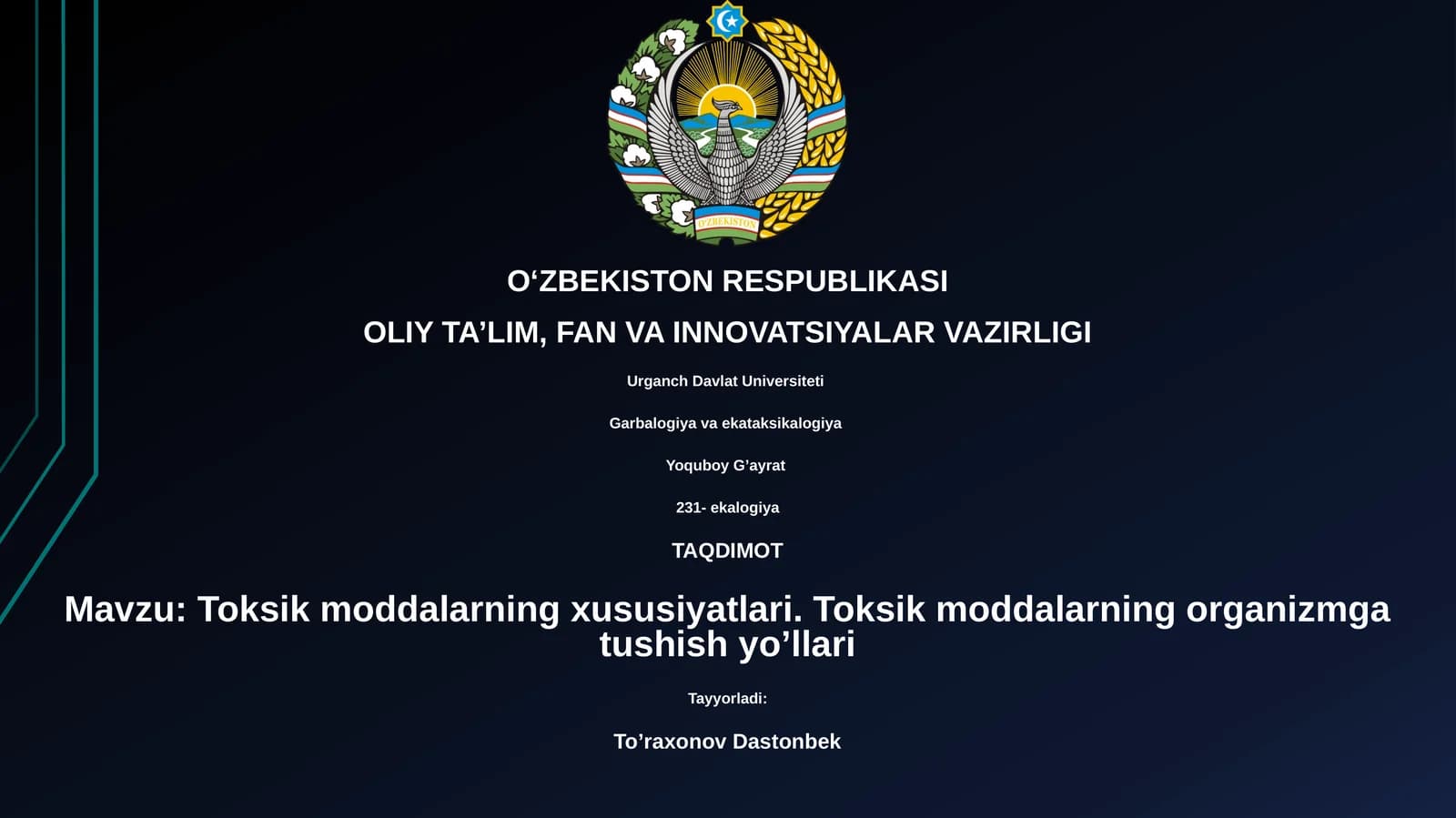 Toksik moddalarning xususiyatlari. Toksik moddalarning organizmga tushish yo’llari