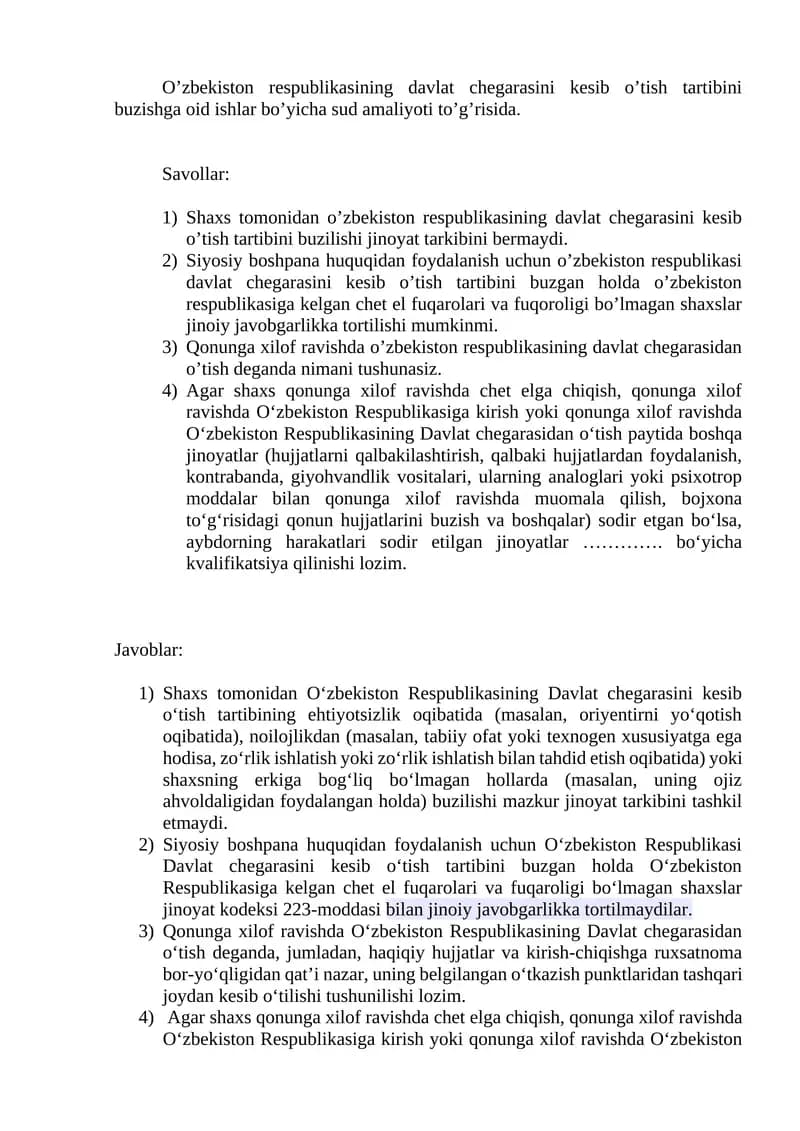 Oʻzbekiston Respublikasining Davlat Chegarasini Kesib Oʻtish Tartibi