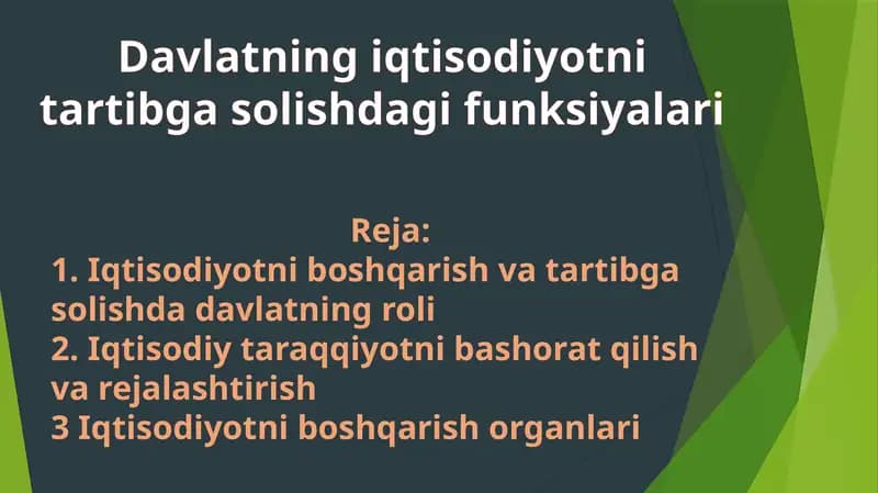 O'zbekiston Respublikasida iqtisodiyotni tartibga solish va boshqarish organlari haqida ma'lumot.