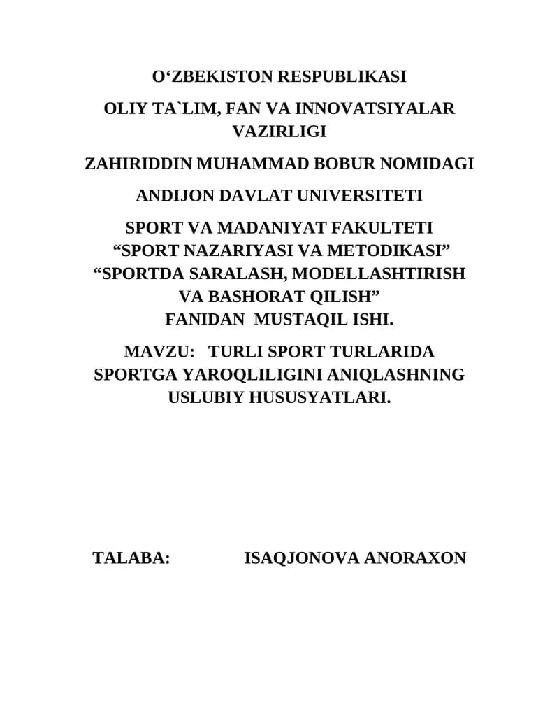 SPORTDA SARALASH, MODELLASHTIRISH VA BASHORAT QILISH
