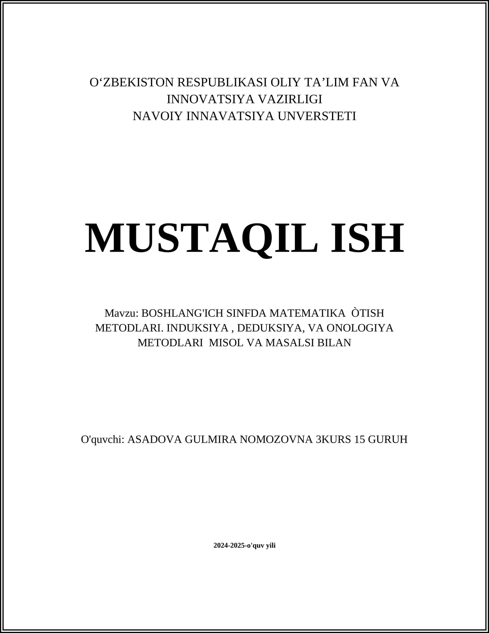 BOSHLANG'ICH SINFDA MATEMATIKA ÒTISH METODLARI