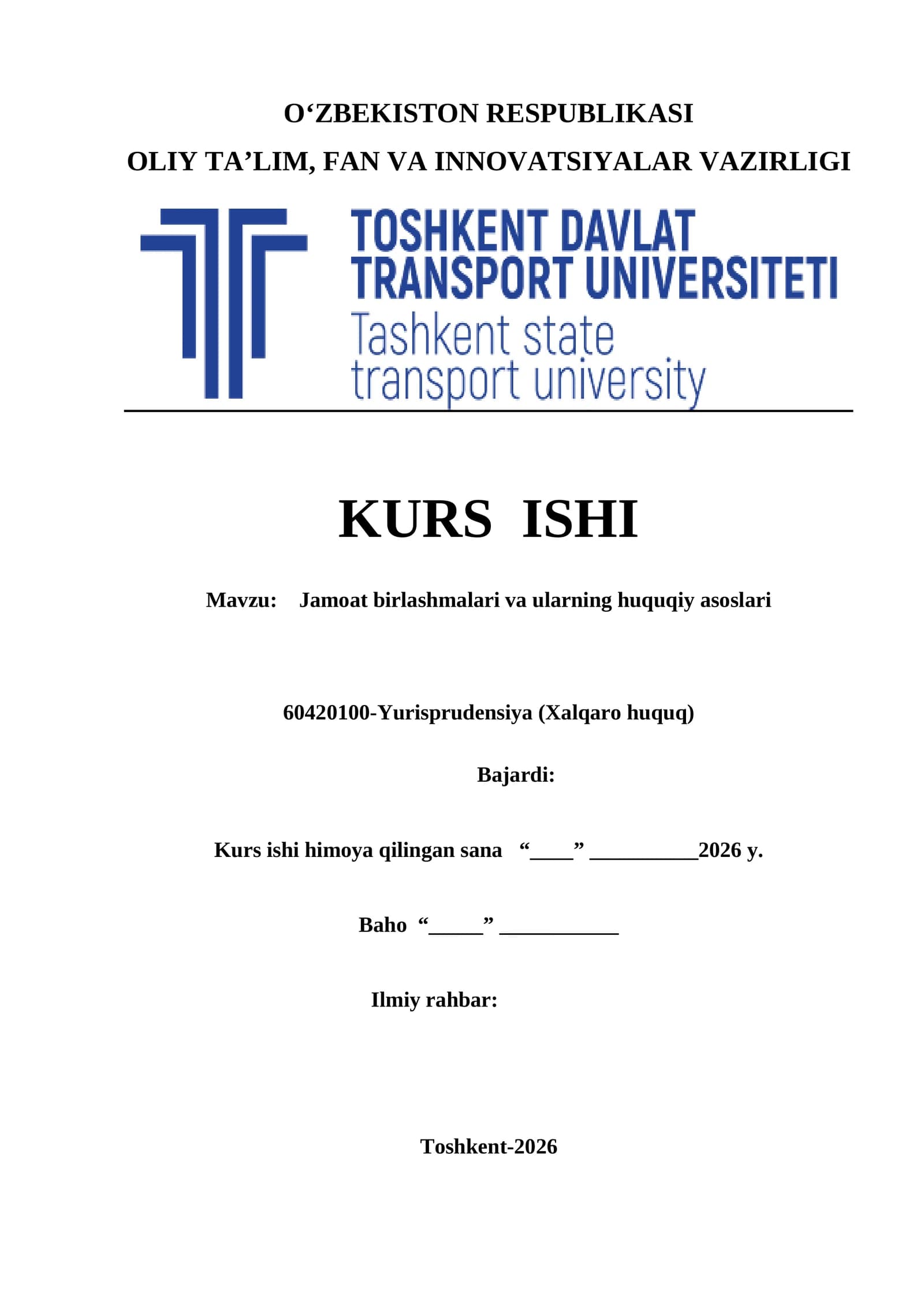Jamoat birlashmalari va ularning huquqiy asoslari kurs ishi