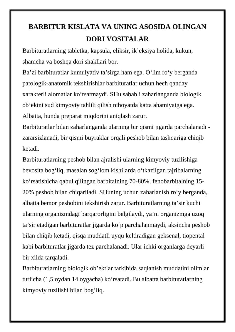 BARBITUR KISLATA VA UNING ASOSIDA OLINGAN DORI VOSITALAR