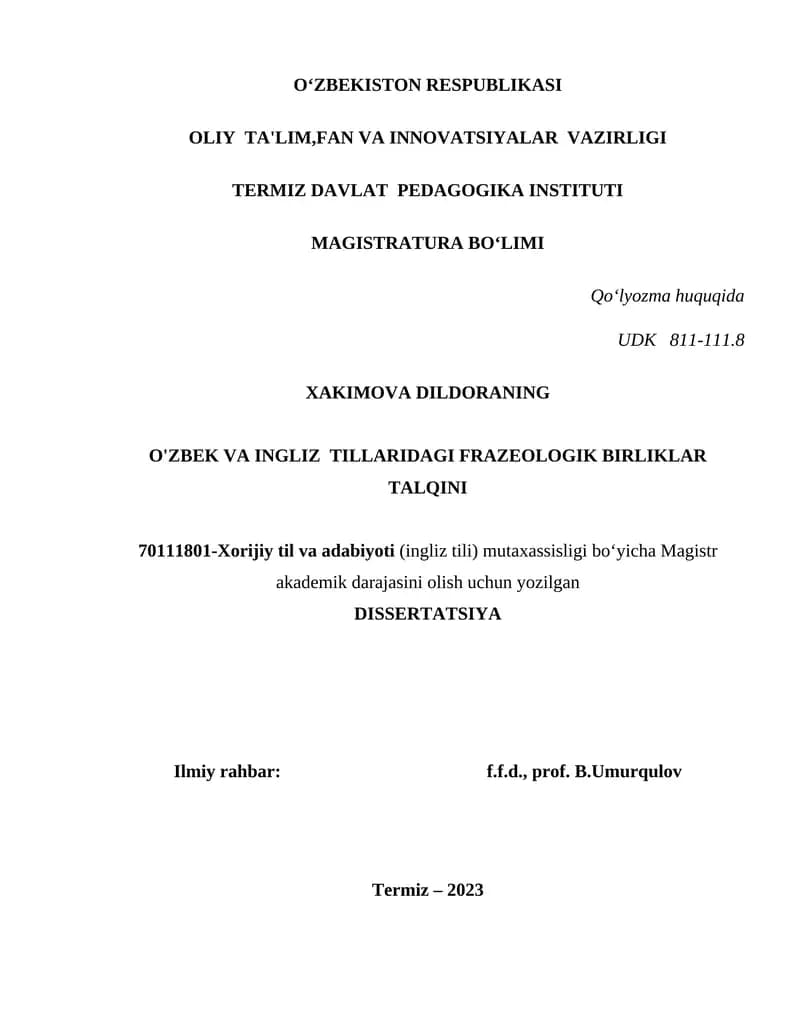 O'ZBEK VA INGLIZ TILLARIDAGI FRAZEOLOGIK BIRLIKLAR TALQINI