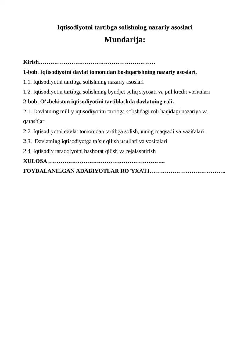Iqtisodiyotni tartibga solishning nazariy asoslari