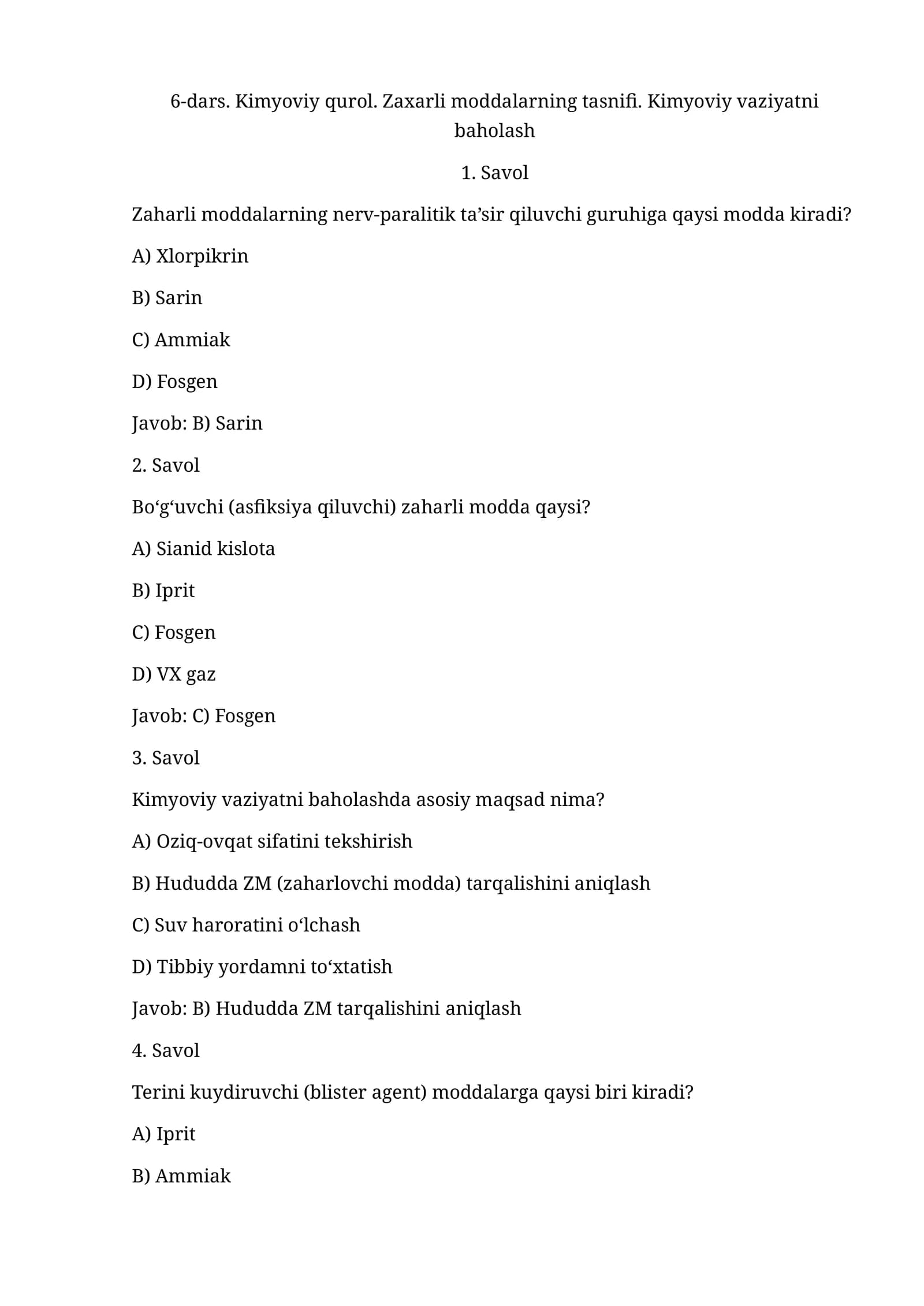 Kimyoviy qurol. Zaxarli moddalarning tasnifi. Kimyoviy vaziyatni baholash