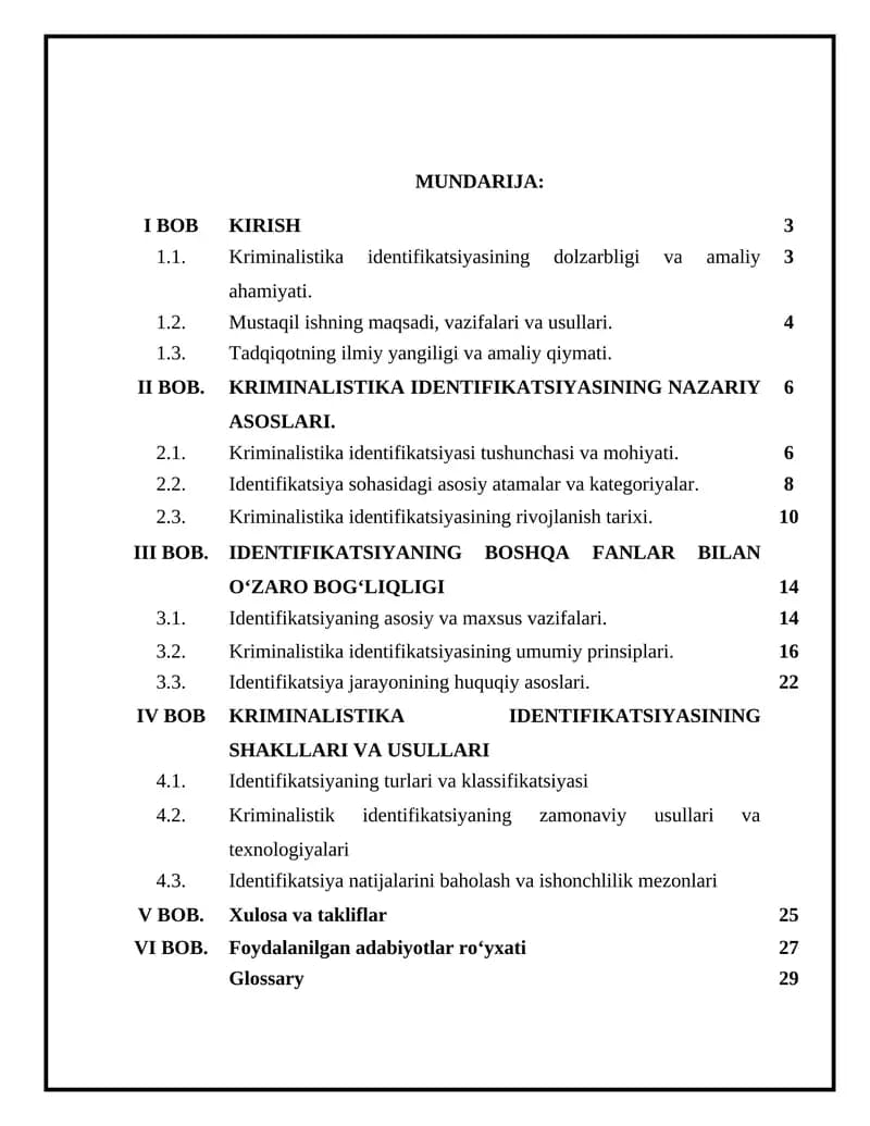 KRIMINALISTIK IDENTIFIKATSIYA TUSHUNCHASI, VAZIFALARI, PRINSIPLARI VA SHAKLLARI