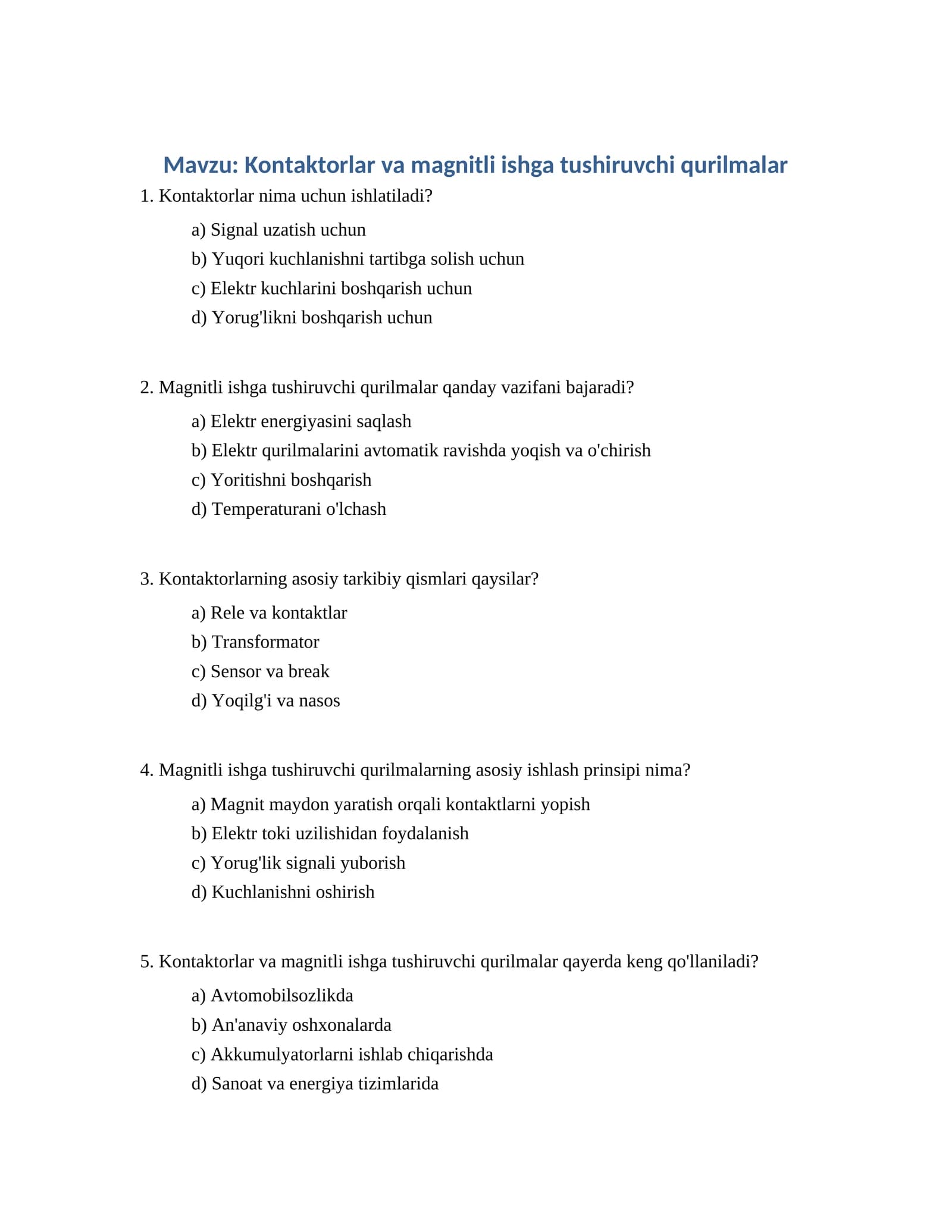 Kontaktorlar va magnitli ishga tushiruvchi qurilmalar