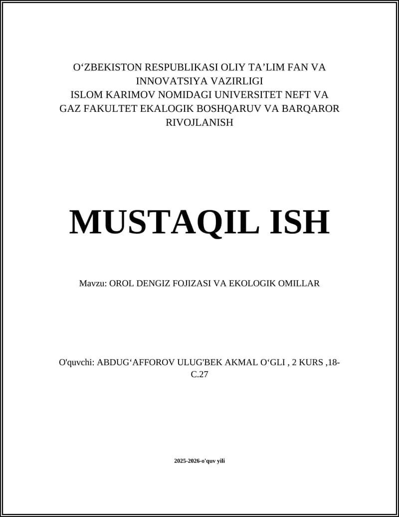OROL DENGIZ FOJIZASI VA EKOLOGIK OMILLAR