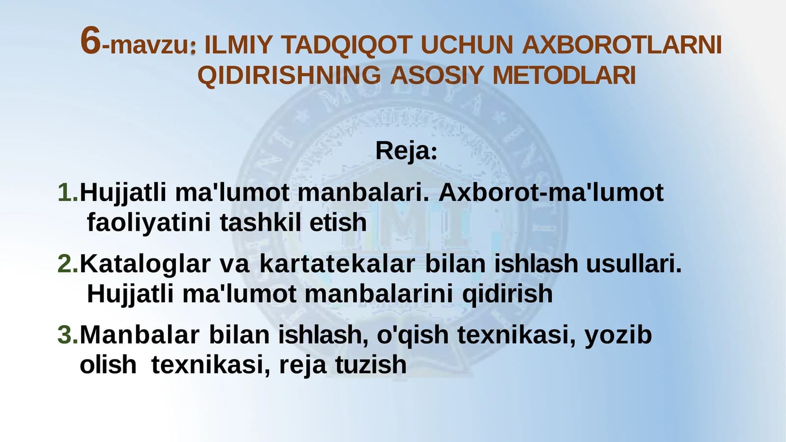 ILMIY TADQIQOT UCHUN AXBOROTLARNI  QIDIRISHNING ASOSIY METODLARI