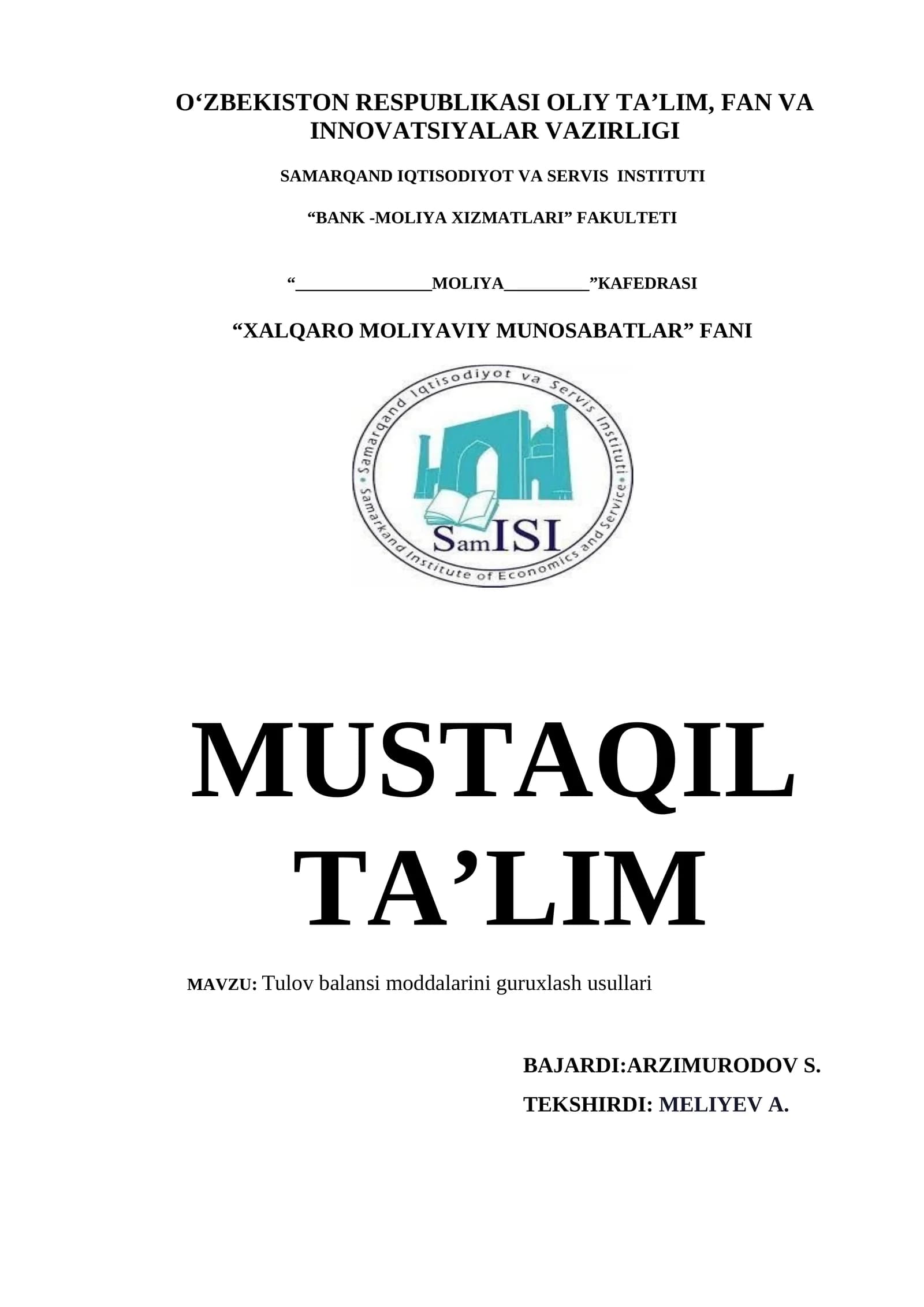 Tulov balansi moddalarini guruxlash usullari