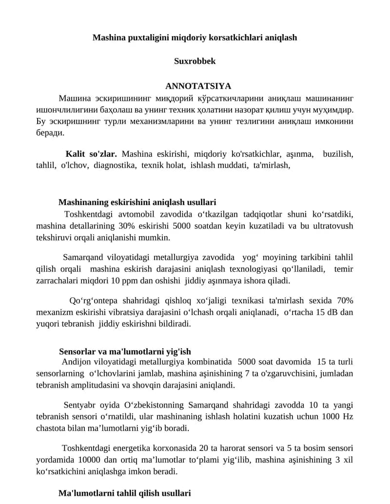 Mashina puxtaligini miqdoriy korsatkichlari aniqlash
