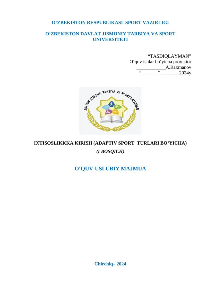 Ixtisoslikka kirish (adaptiv sport turlari bo’yicha)
