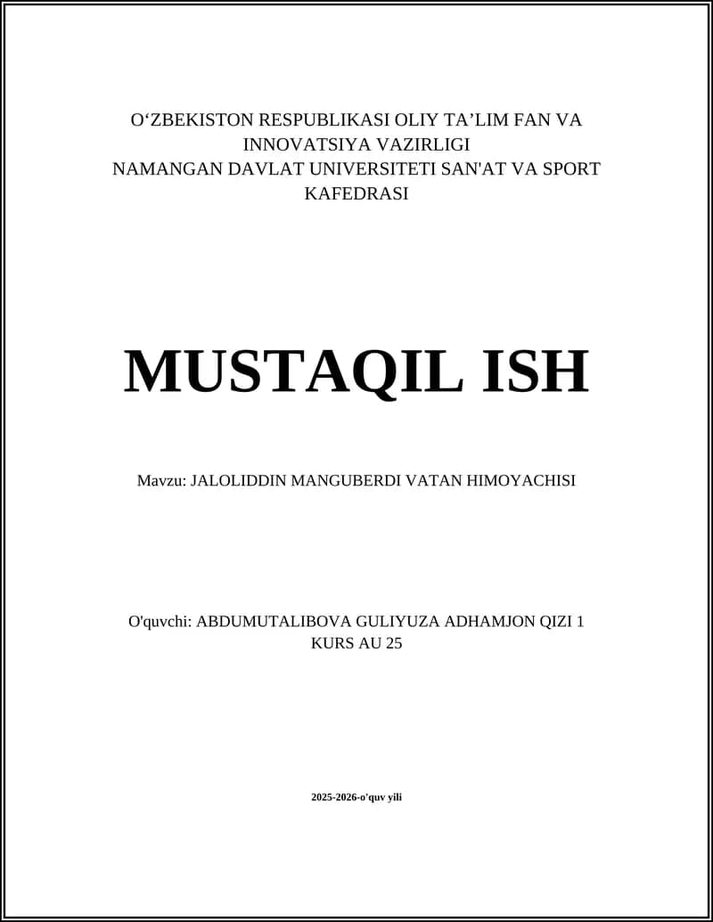 JALOLIDDIN MANGUBERDI VATAN HIMOYACHISI
