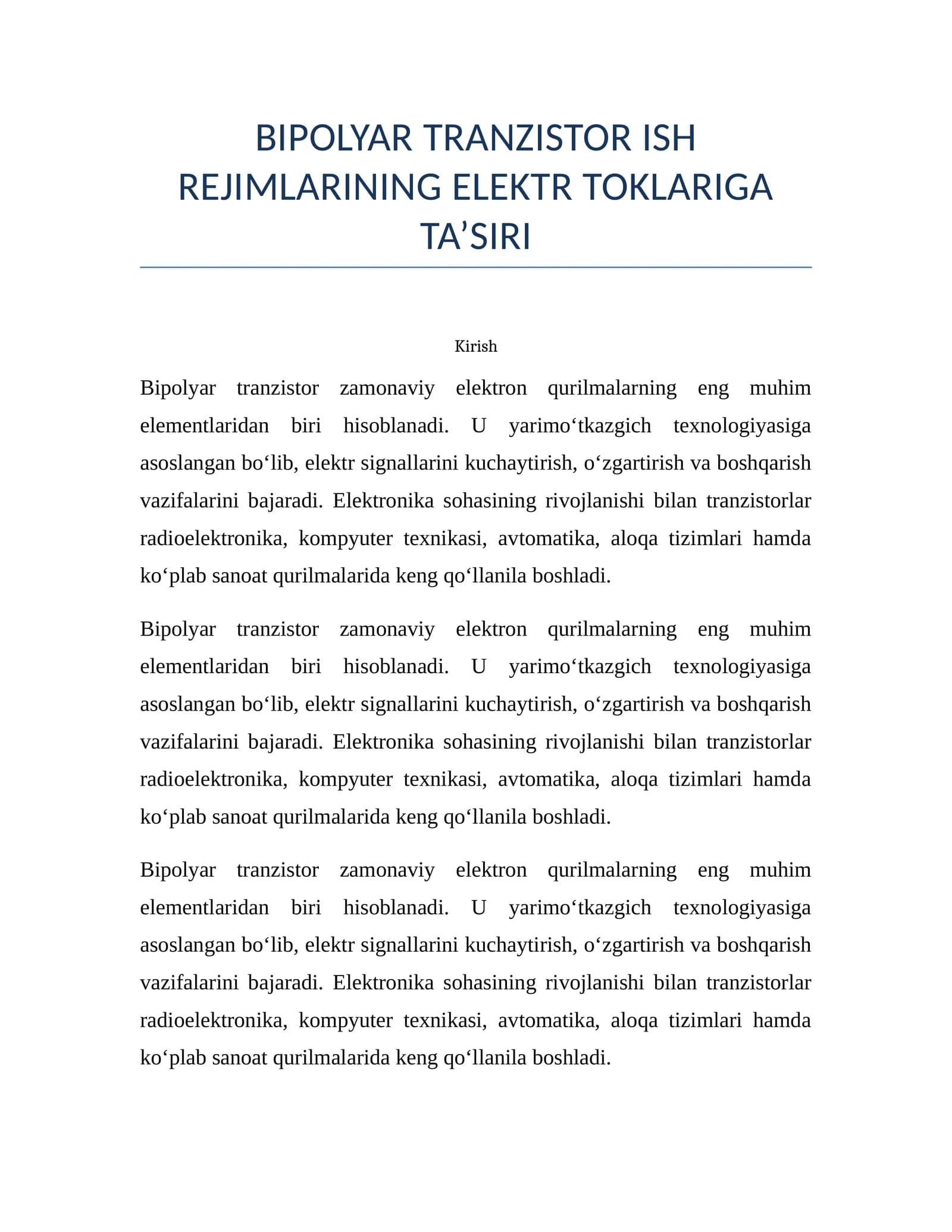 Bipolyar tranzistor ish rejimlarining elektr toklariga ta’siri
