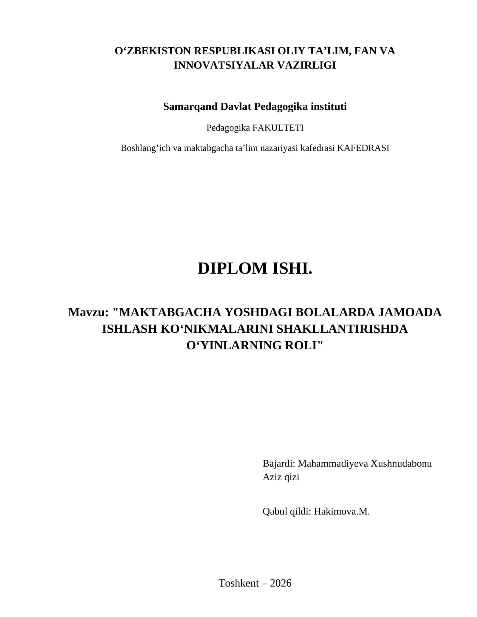 Maktabgacha yoshdagi bolalarda jamoada ishlash ko‘nikmalarini shakllantirishda o‘yinlarning roli