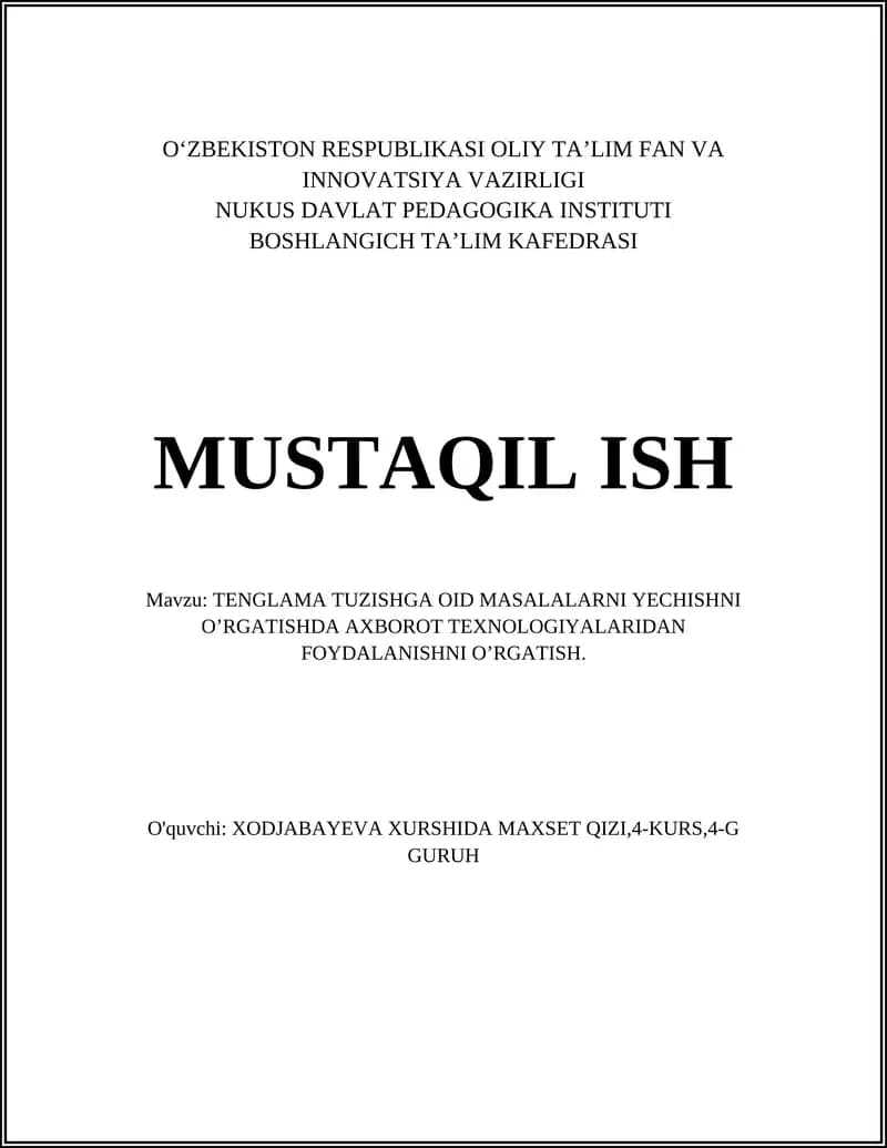 TENGLAMA TUZISHGA OID MASALALARNI YECHISHNI O’RGATISH