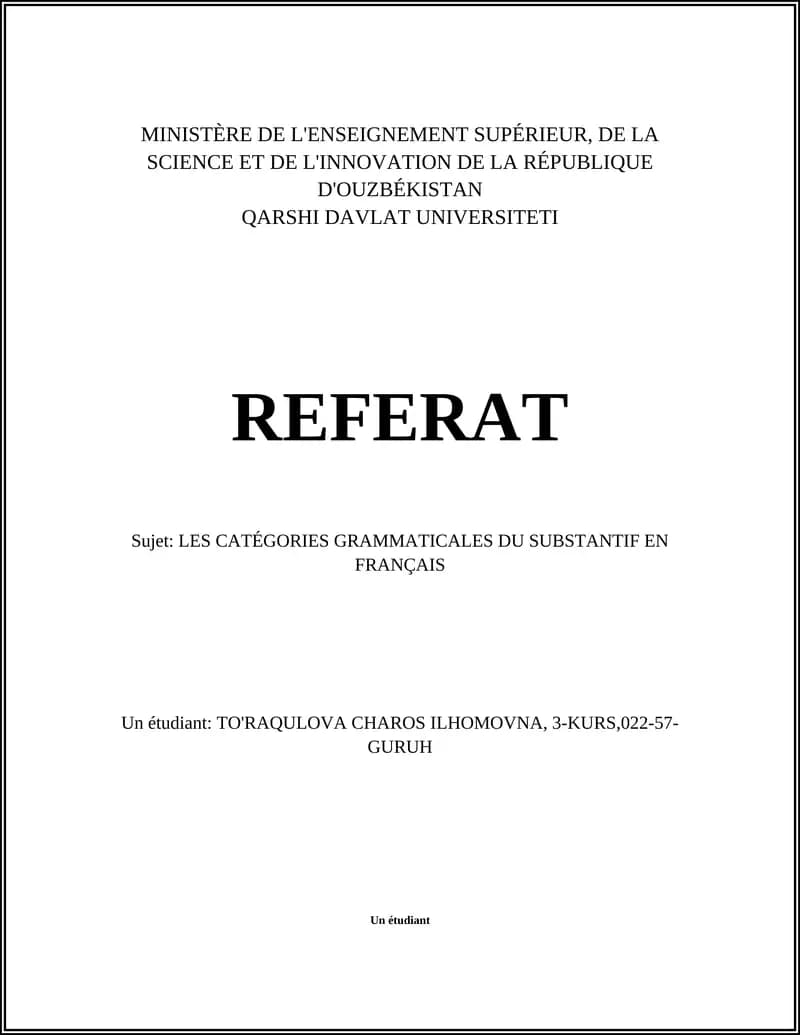 LES CATÉGORIES GRAMMATICALES DU SUBSTANTIF EN FRANÇAIS