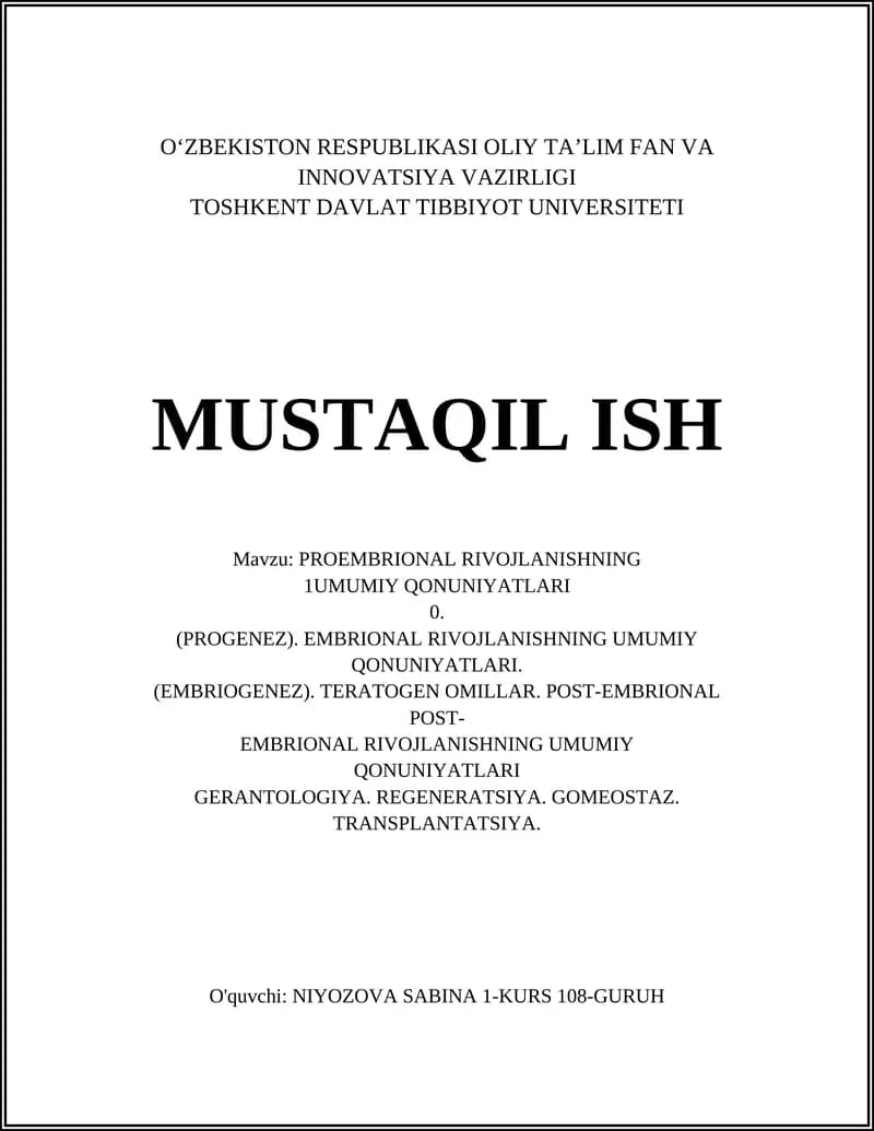 PROEMBRIONAL RIVOJLANISHNING UMUMIY QONUNIYATLARI