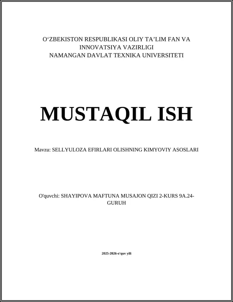 SELLYULOZA EFIRLARI OLISHNING KIMYOVIY ASOSLARI