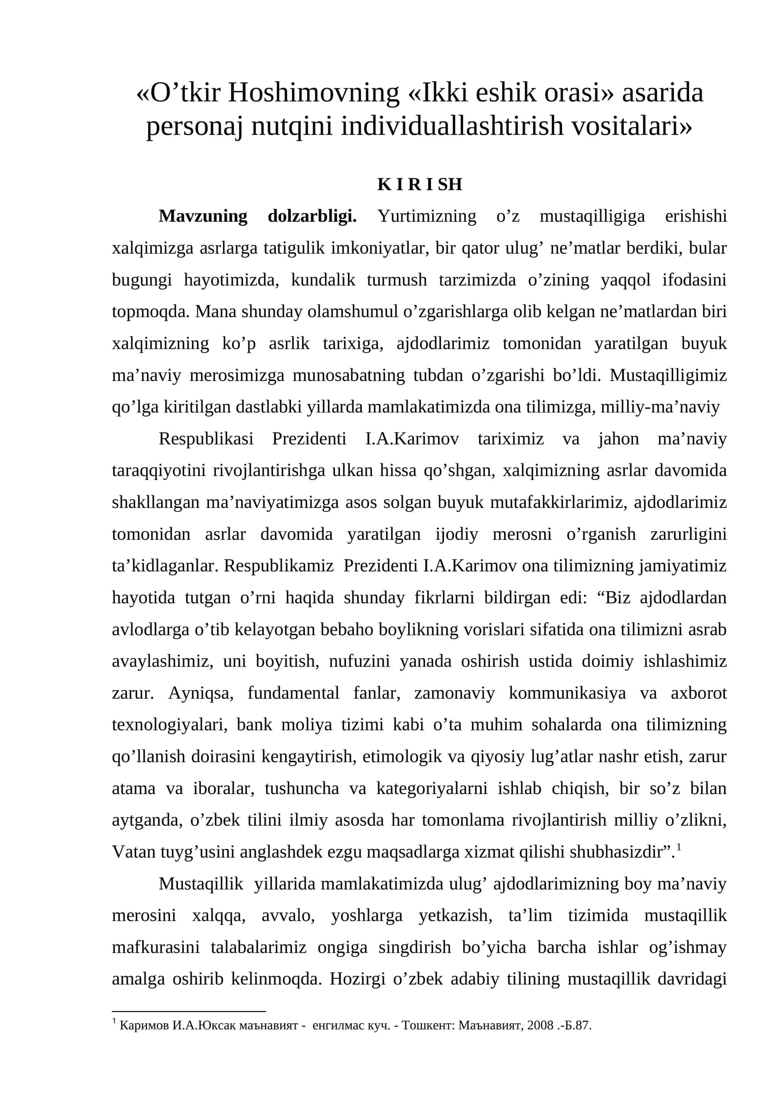 O’tkir Hoshimovning «Ikki eshik orasi» asarida personaj nutqini individuallashtirish vositalari