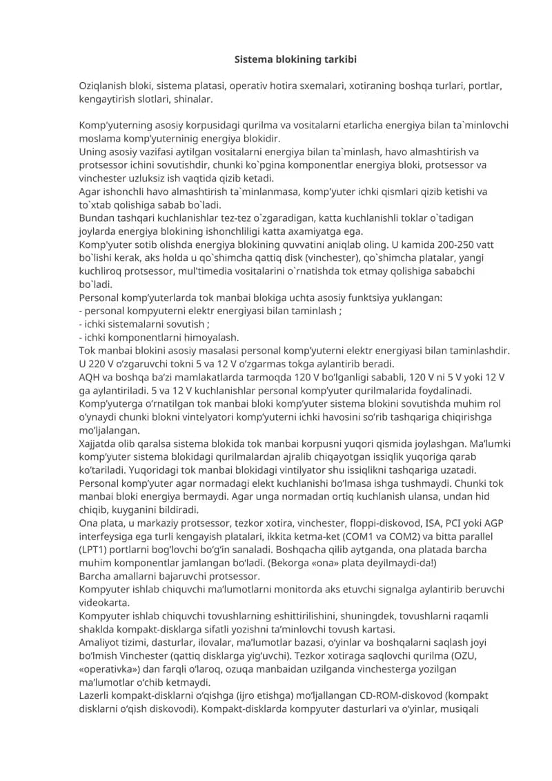 Sistema blokining tarkibi