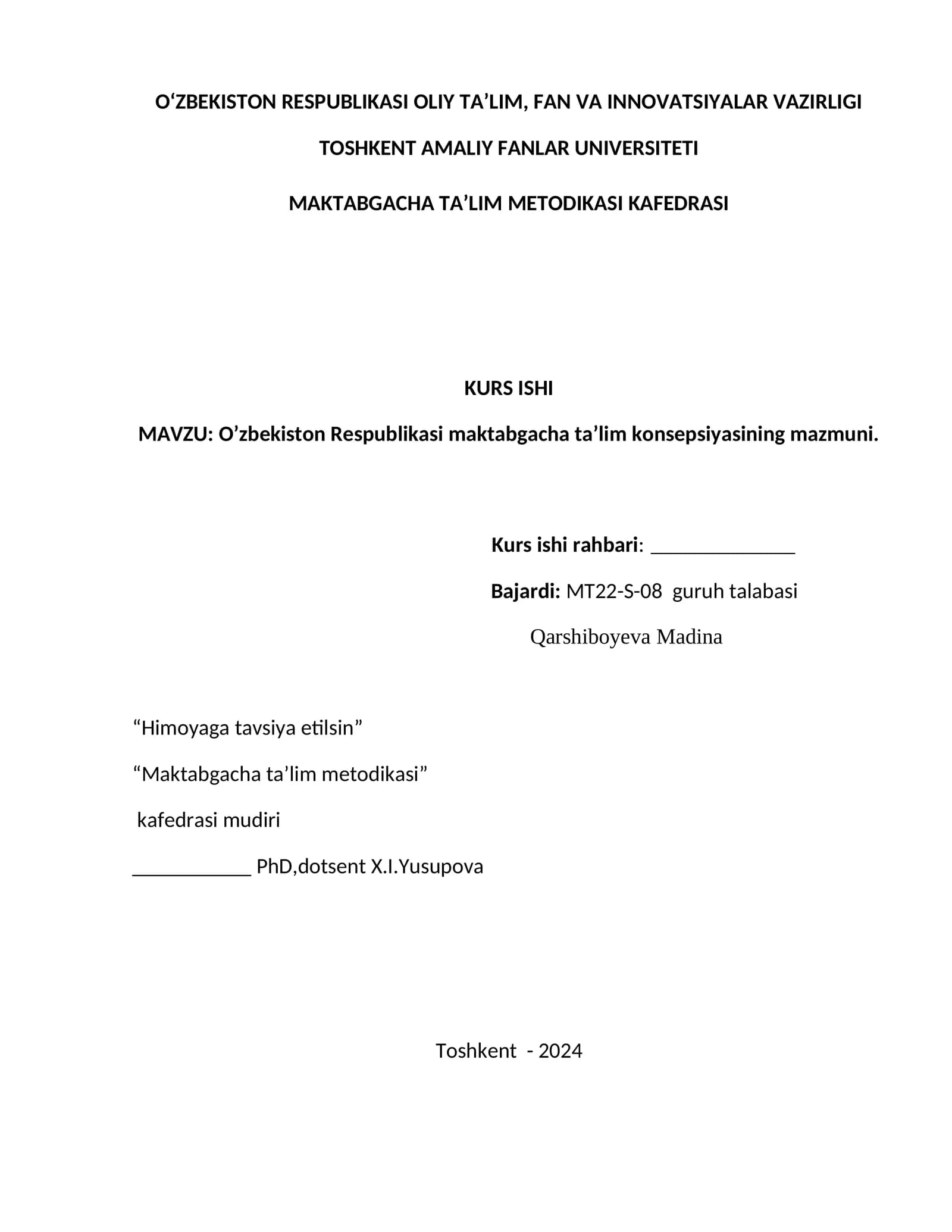 O’zbekiston Respublikasi maktabgacha ta’lim konsepsiyasining mazmuni