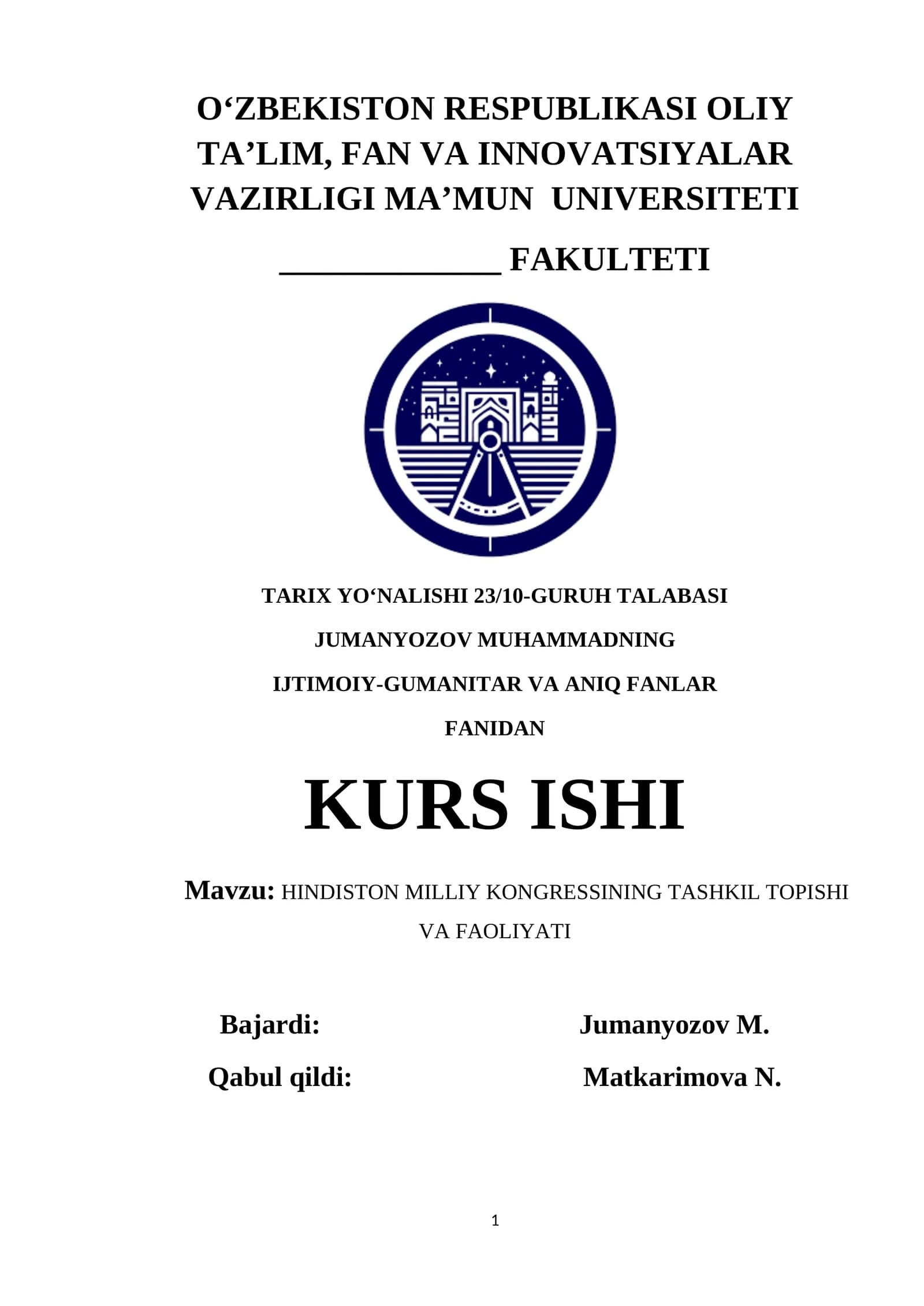 HINDISTON MILLIY KONGRESSINING TASHKIL TOPISHI VA FAOLIYATI