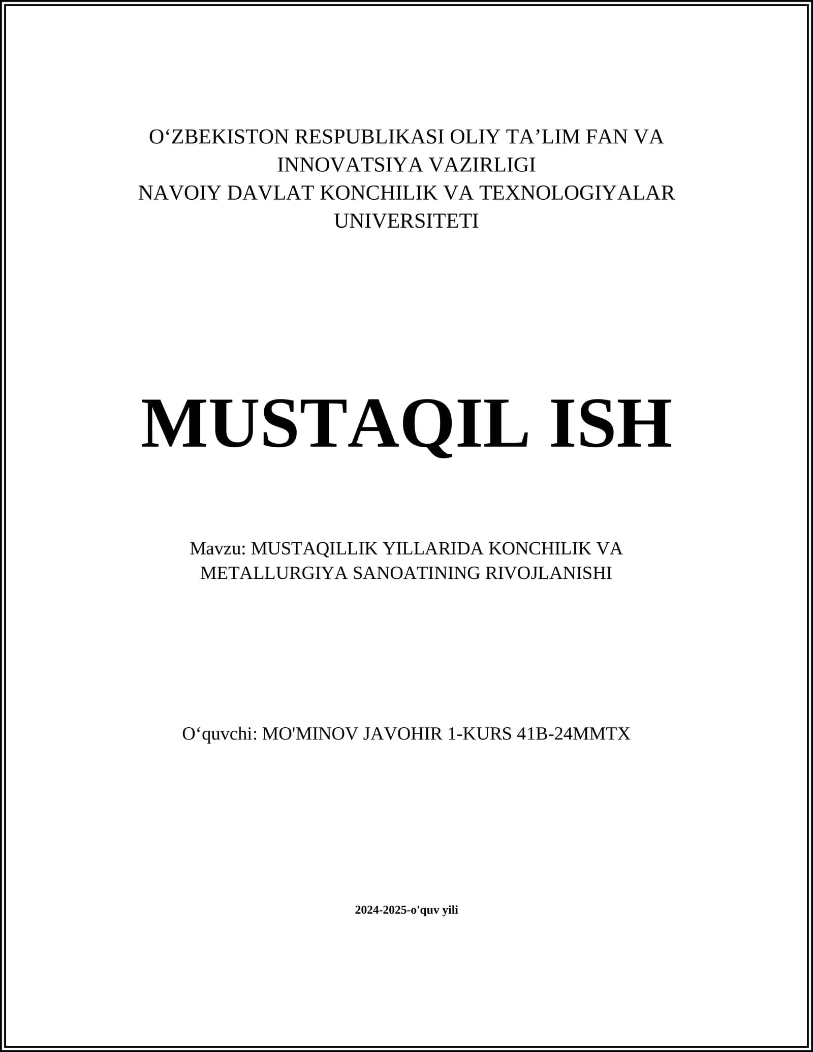 MUSTAQILLIK YILLARIDA KONCHILIK VA METALLURGIYA SANOATINING RIVOJLANISHI