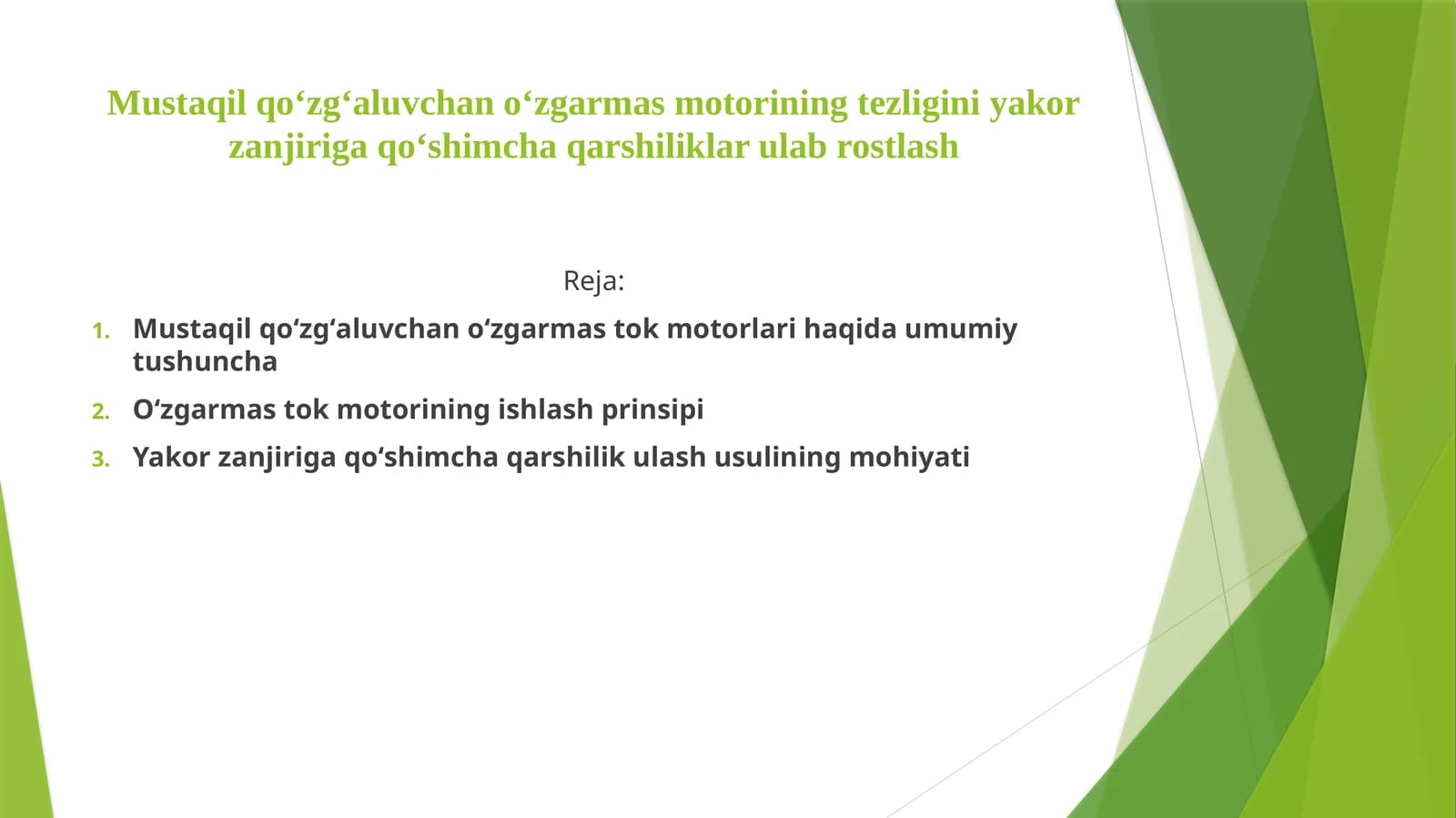 Mustaqil qo'zg'aluvchan o'zgarmas stok motorlarining tezligini yaxshilab rostlash