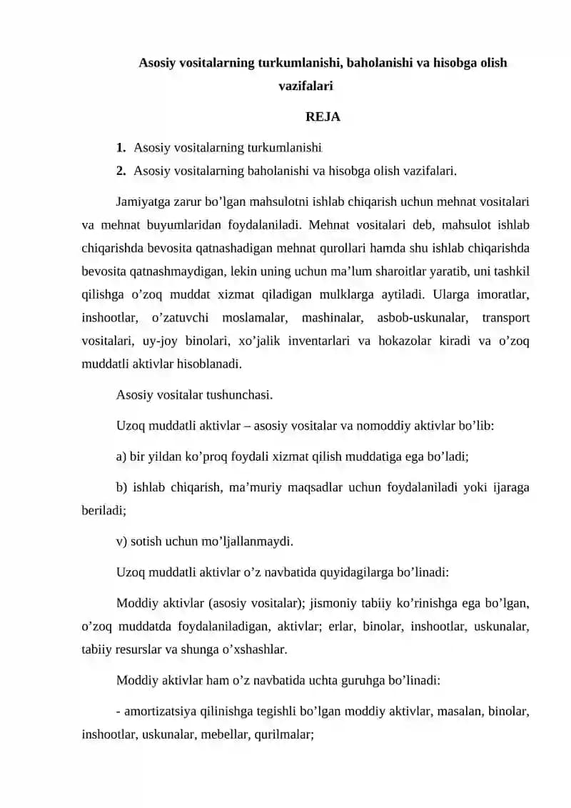 Asosiy vositalarning turkumlanishi, baholanishi va hisobga olish vazifalari
