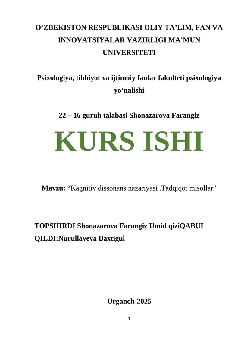 Kagnitiv dissonans nazariyasi.Tadqiqot misollar