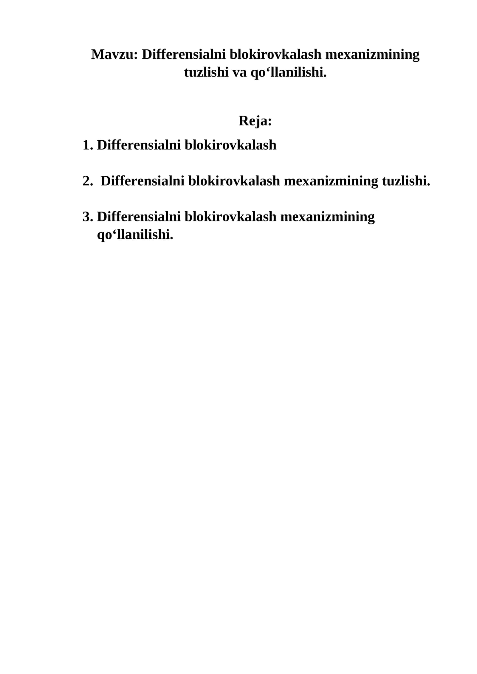 Differentsialni blokirovkalash mexanizmi