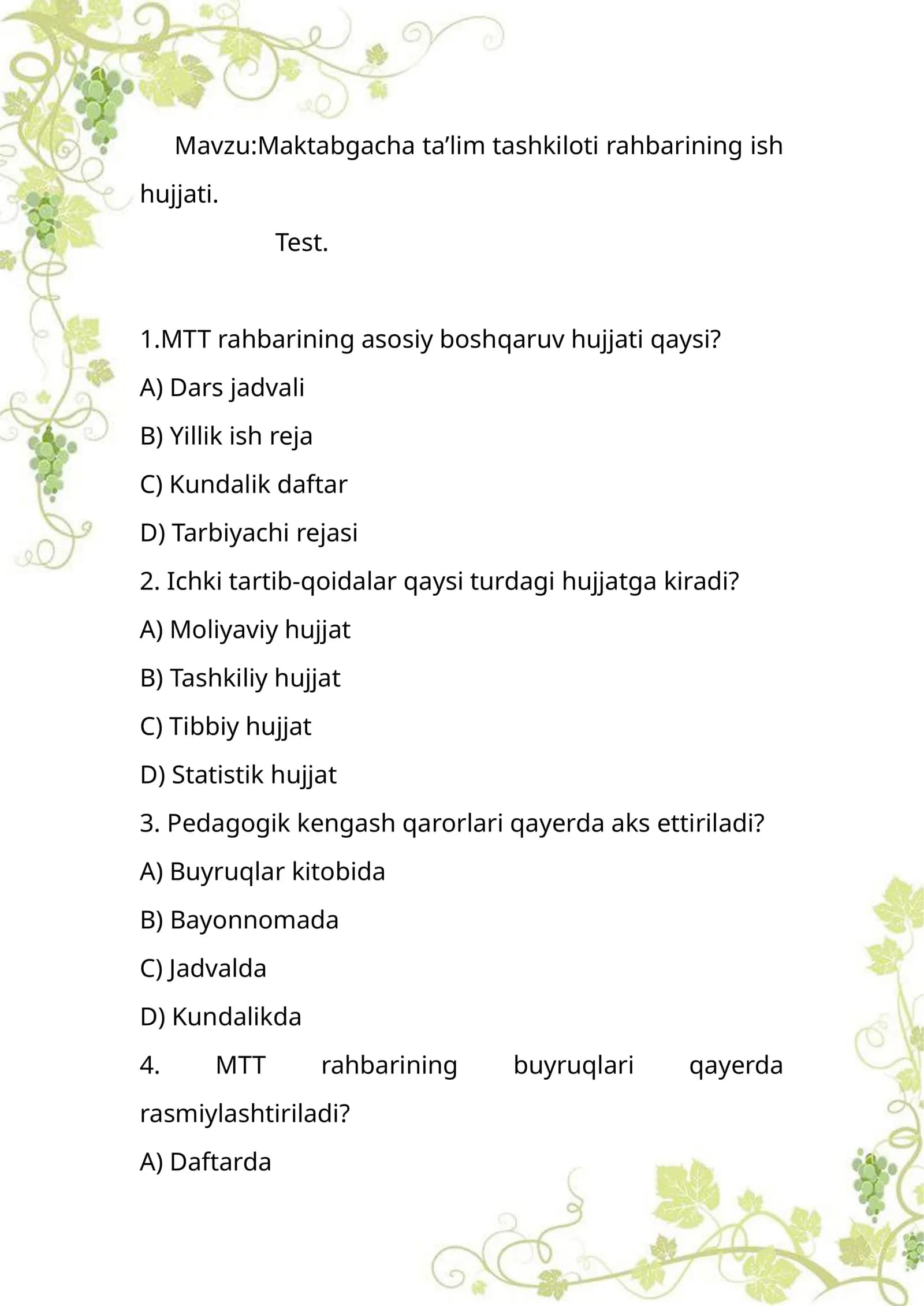 Maktabgacha taʼlim tashkiloti rahbarining ish hujjati