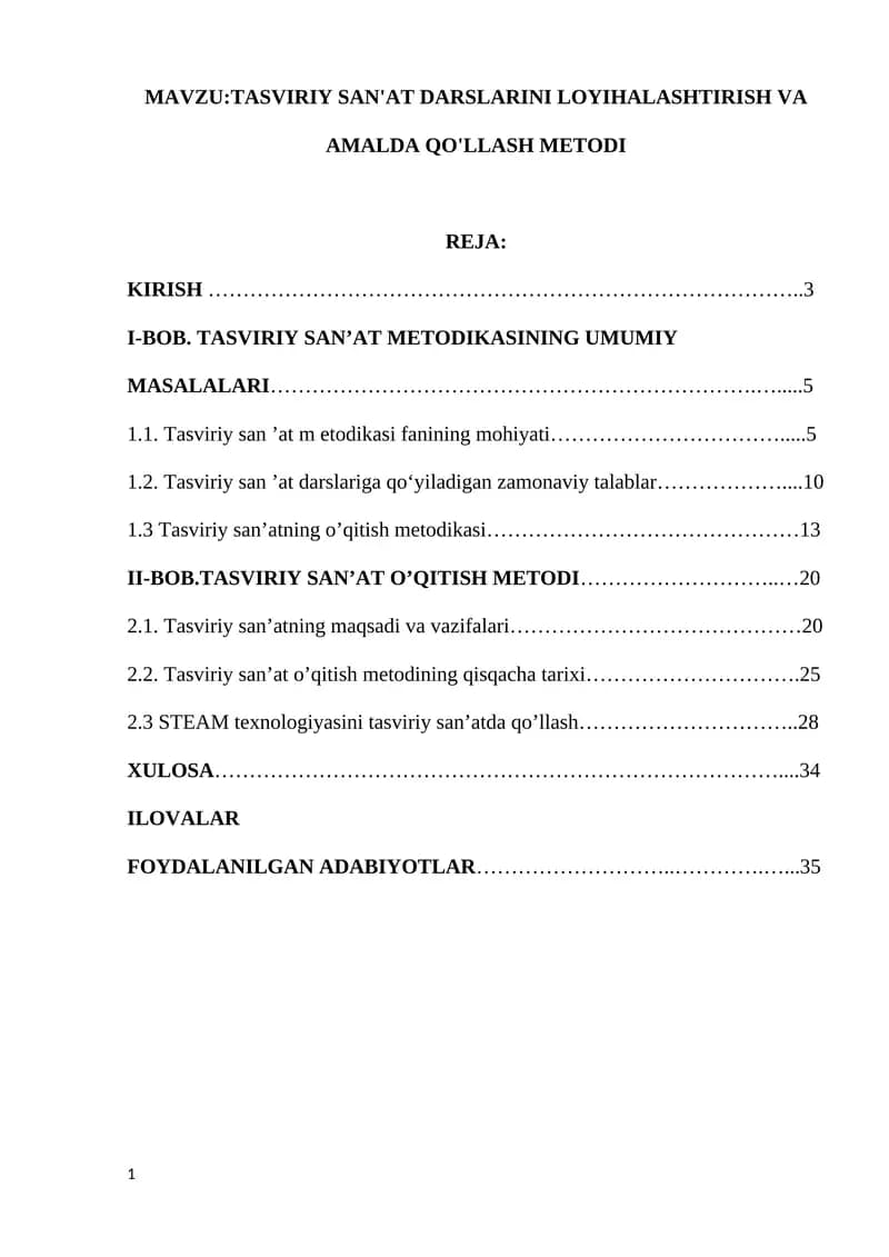 TASVIRIY SAN'AT DARSLARINI LOYIHALASHTIRISH VA AMALDA QO'LLASH METODI