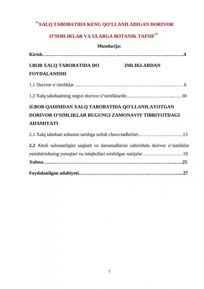 XALQ TABOBATIDA KENG QO’LLANILADIGAN DORIVOR O’SIMLIKLAR VA ULARGA BOTANIK TAFSIF